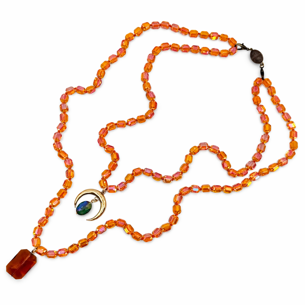 Grateful Crescent Moon Amber Crystal Necklace