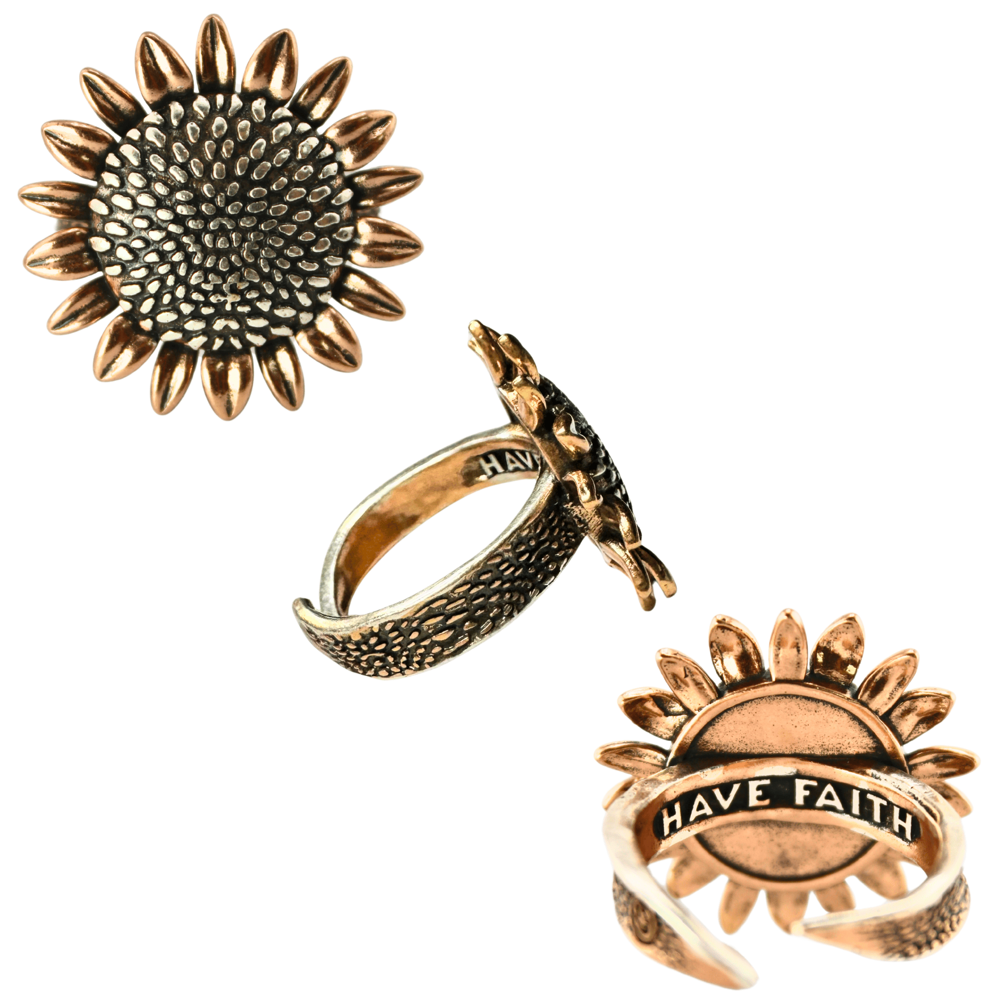 A boho-style adjustable ring with a large sunflower design in vintage gold and silver colors.