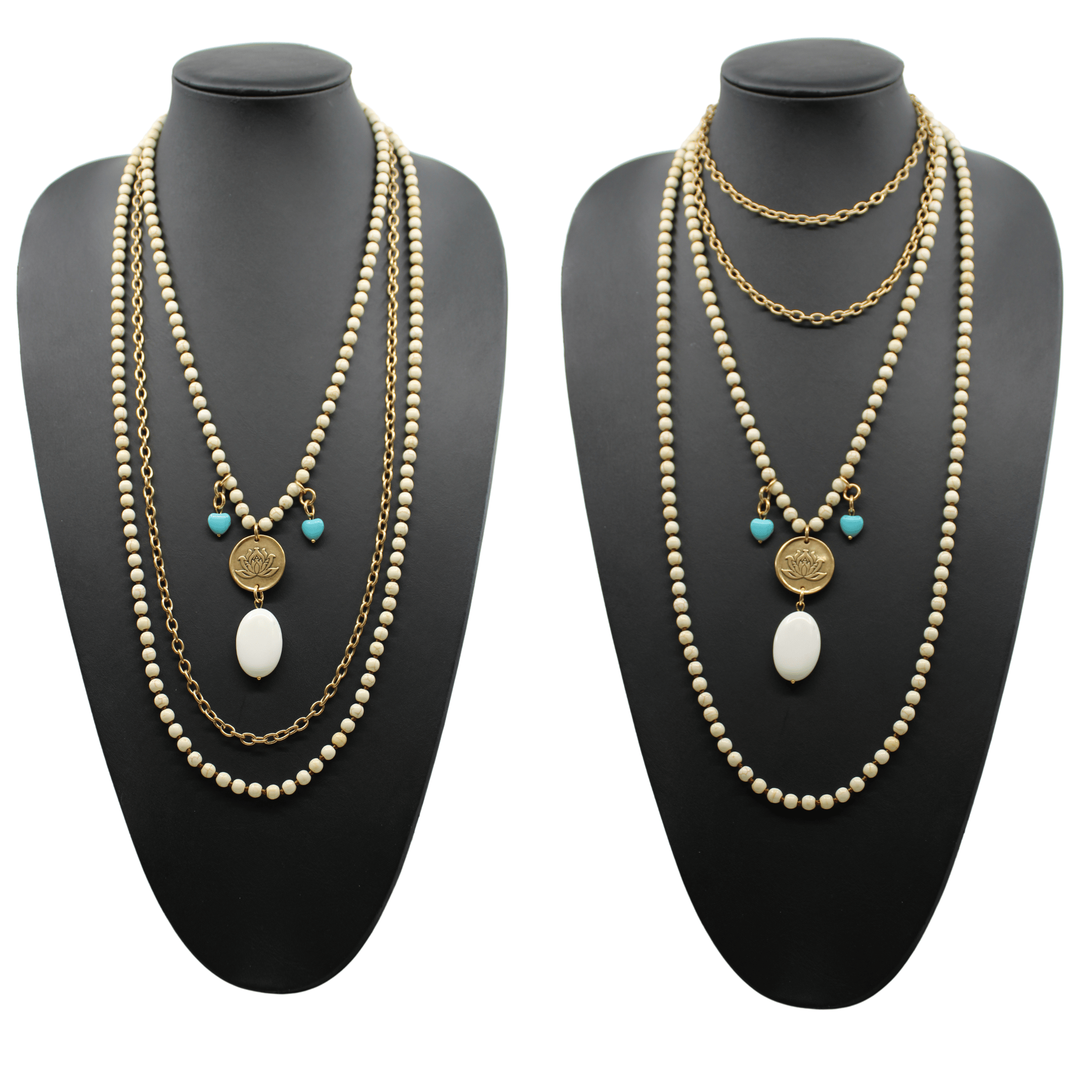 A person wearing a black shirt and showcasing a long gold chain necklace with off-white and blue howlite stones, along with matching bracelets and earrings.