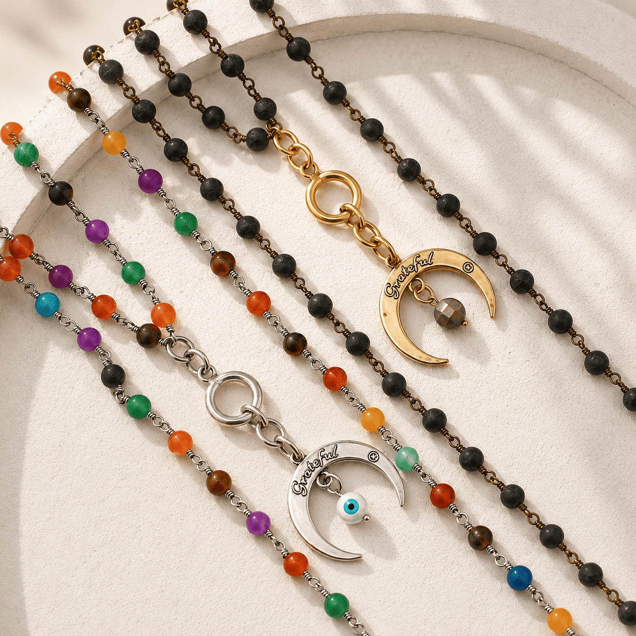 Grateful Crescent Moon Long Rosary Chain Necklace