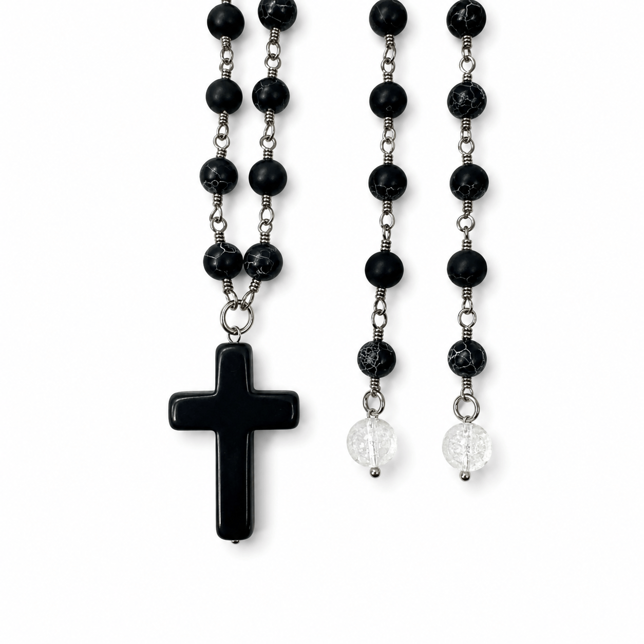 Howlite Cross Onyx Rosary Necklace