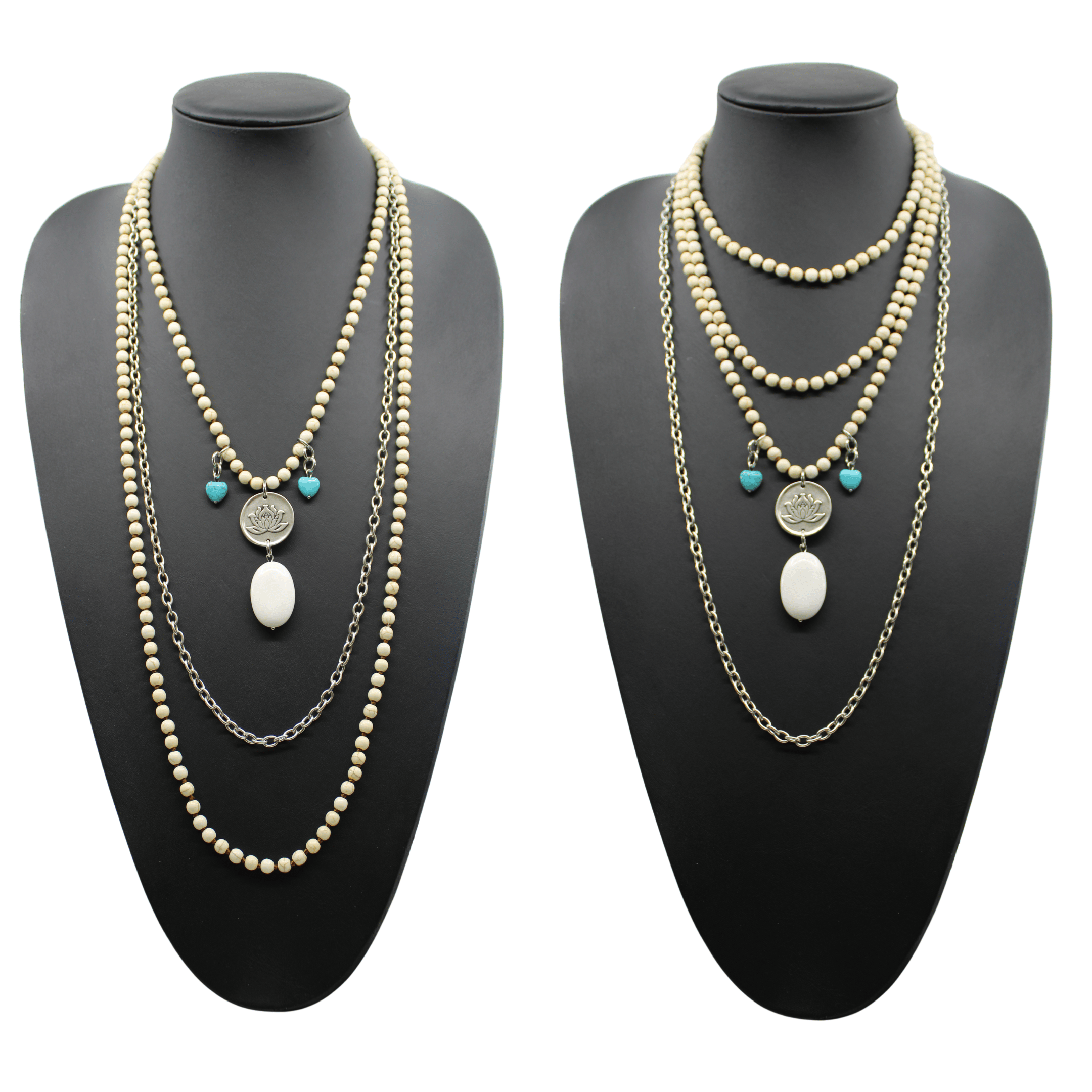A person wearing a black shirt and showcasing a long gold chain necklace with off-white and blue howlite stones, along with matching bracelets and earrings.
