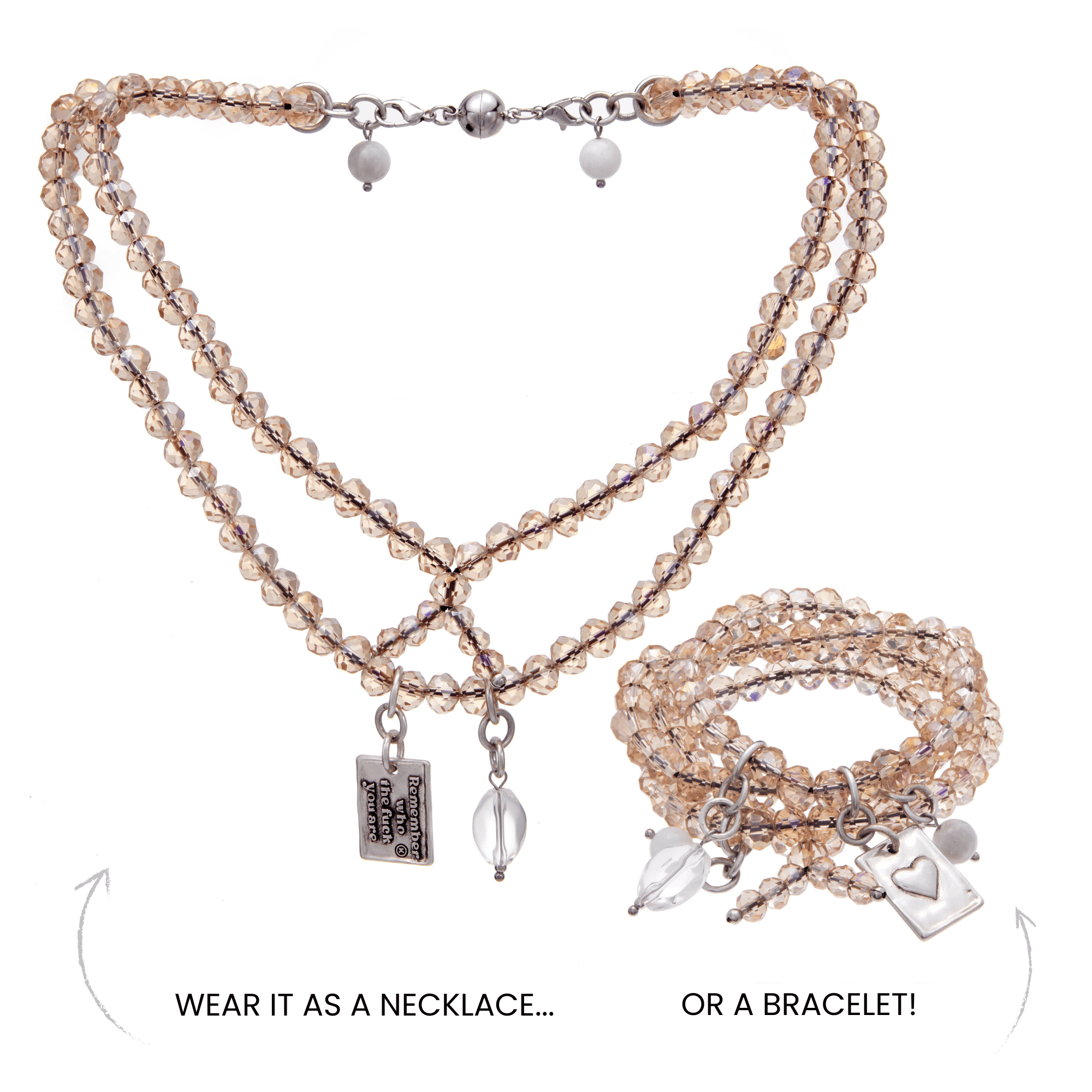 Remember Who The F*ck You Are Heart Crystal Boho Wrap Bracelet/Necklace