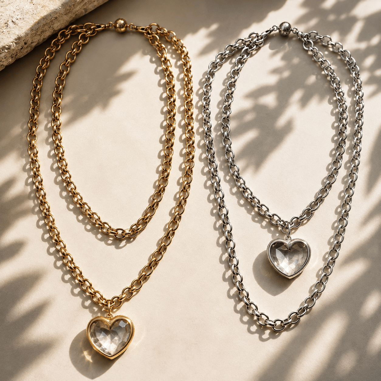 Crystal Heart Chunky Chain Layering Necklace