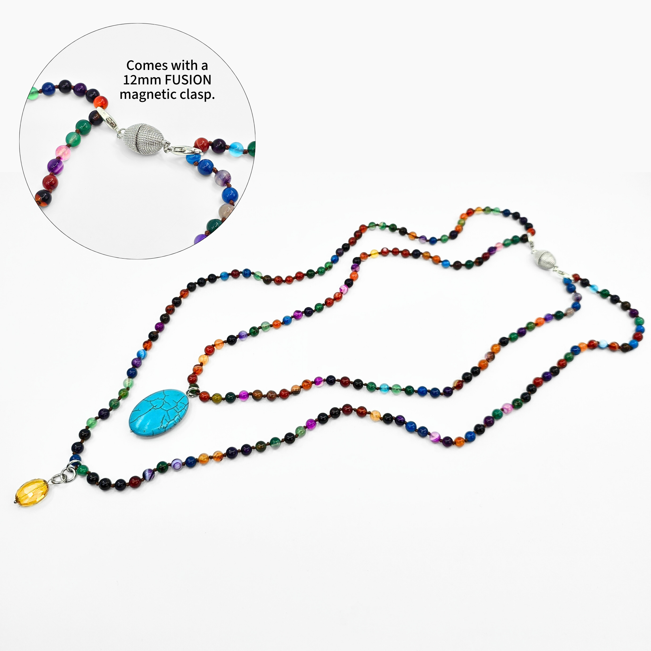 Colorful beaded necklace with a 12mm FUSION magnetic clasp on a white background
