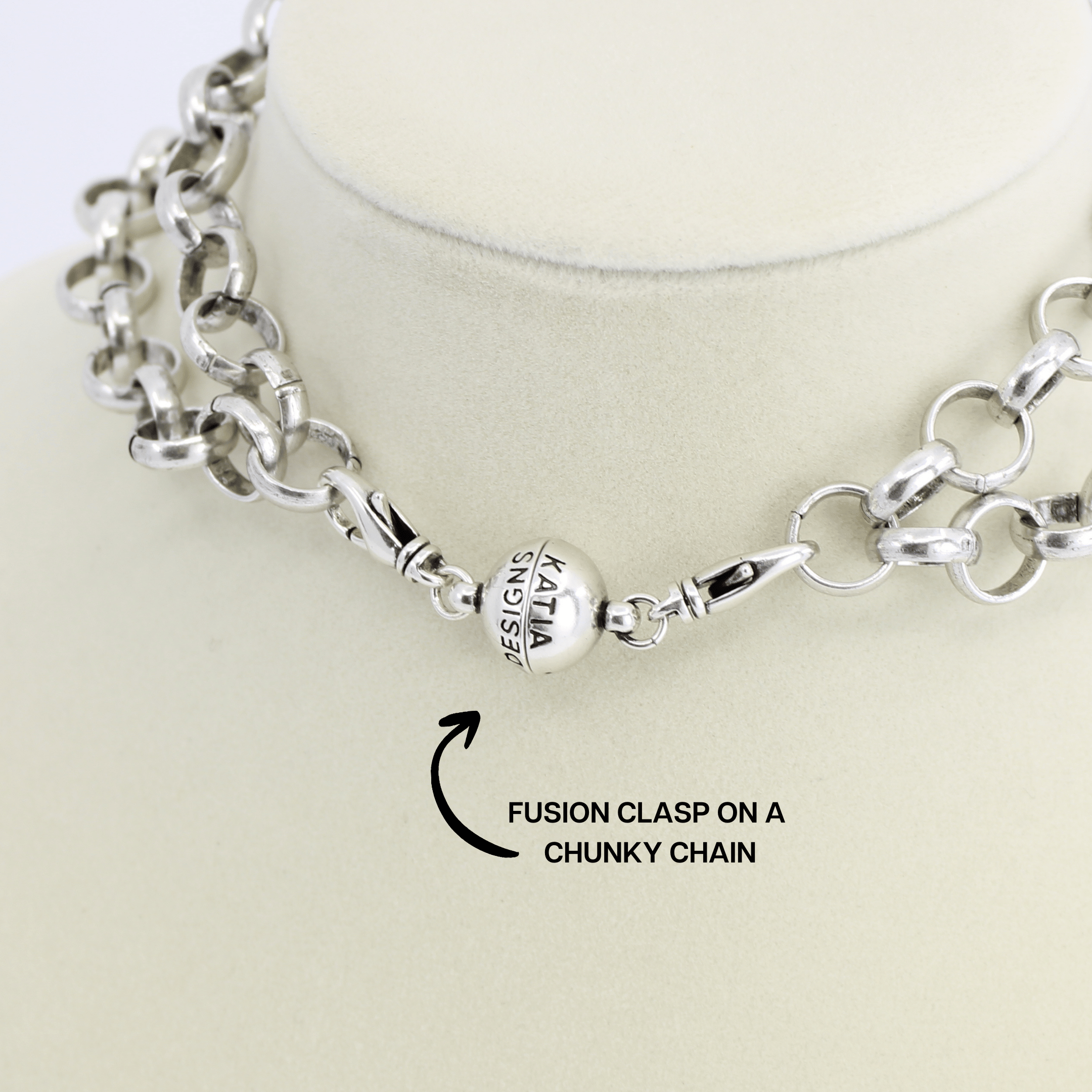 Silver chain necklace with fusion clasp on a mannequin, labeled 'Fusion Clasp on a Chunky Chain'.