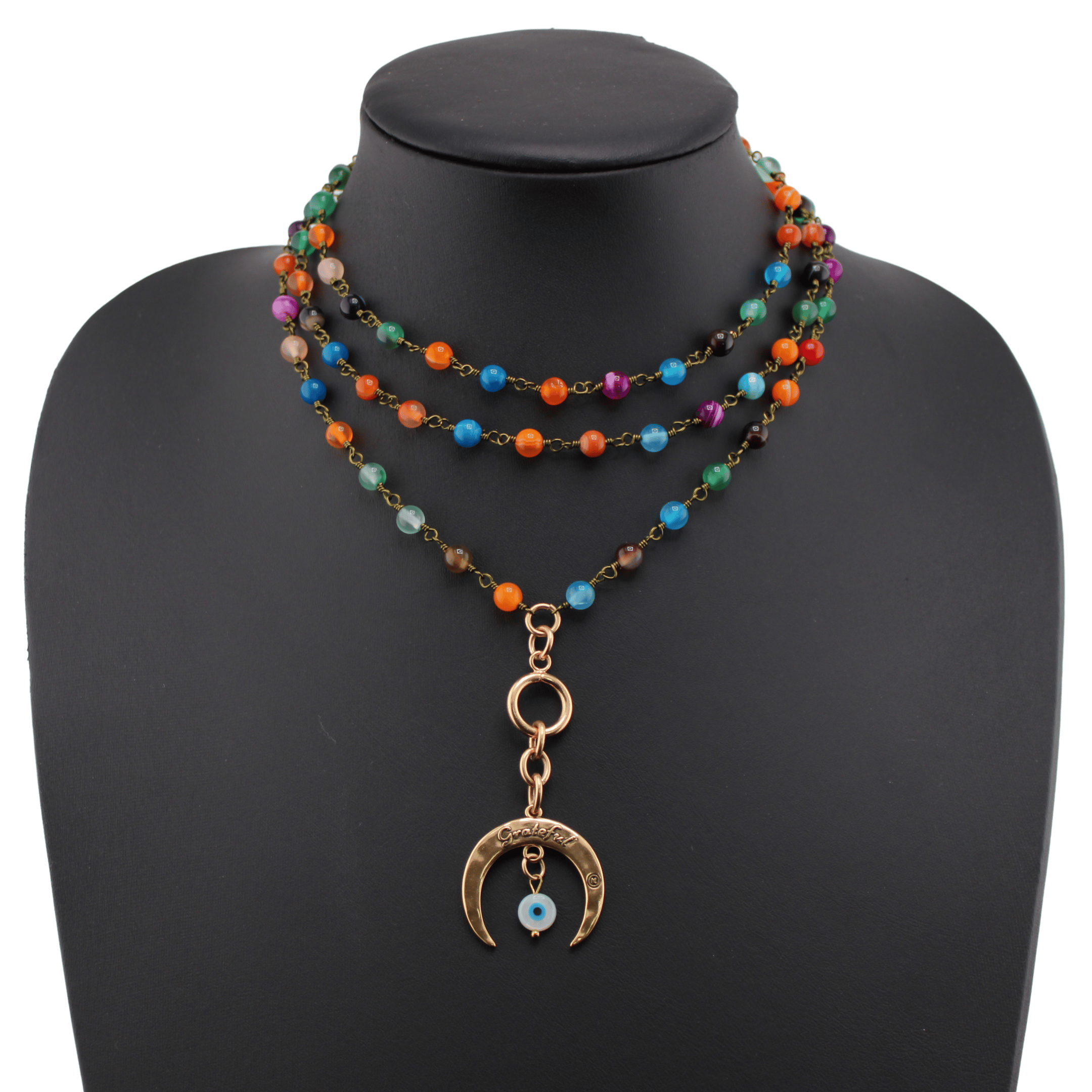 Grateful Crescent Moon Long Rosary Chain Necklace