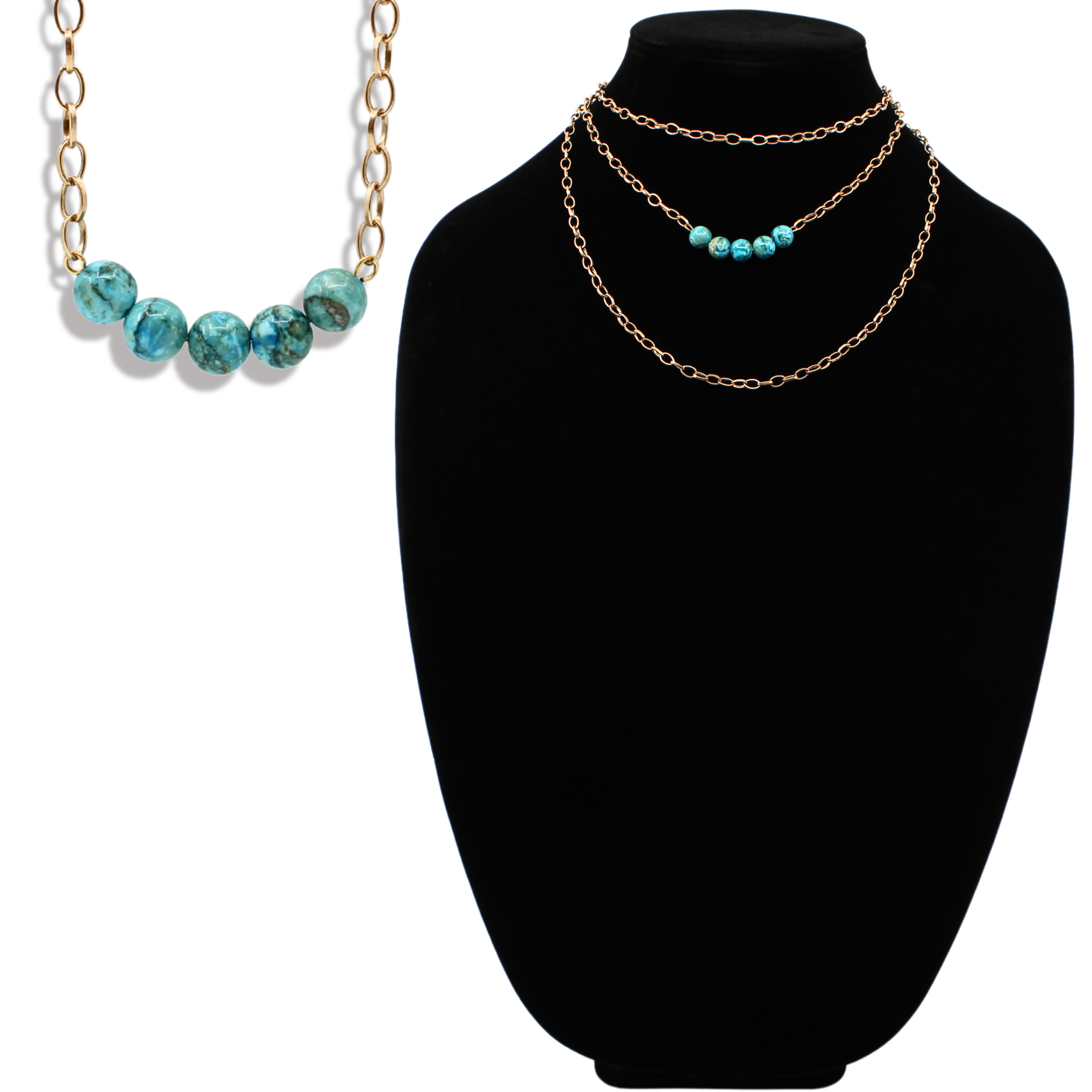 Two necklaces on a black mannequin bust, one with turquoise beads and gold chain, the other with gold chain only.