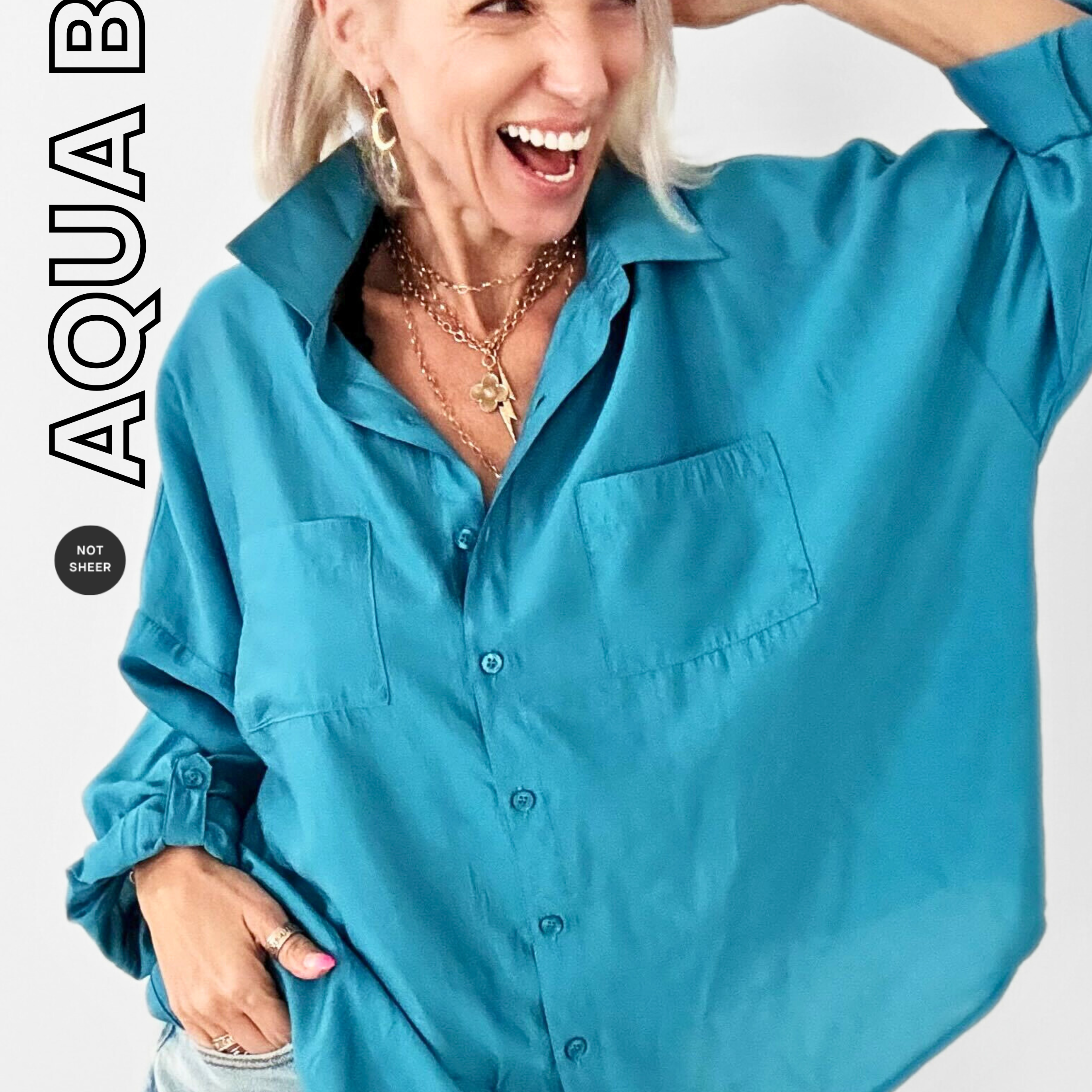 Woman wearing a blue shirt with 'Aqua Blue' text on a white background