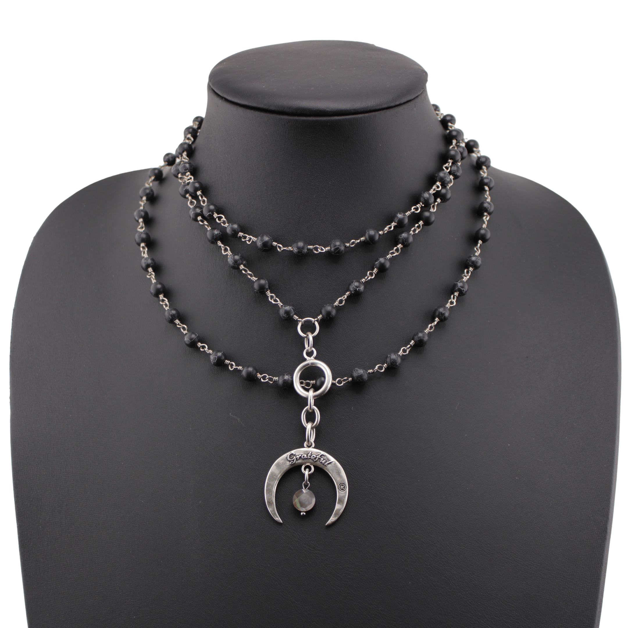 Grateful Crescent Moon Long Rosary Chain Necklace