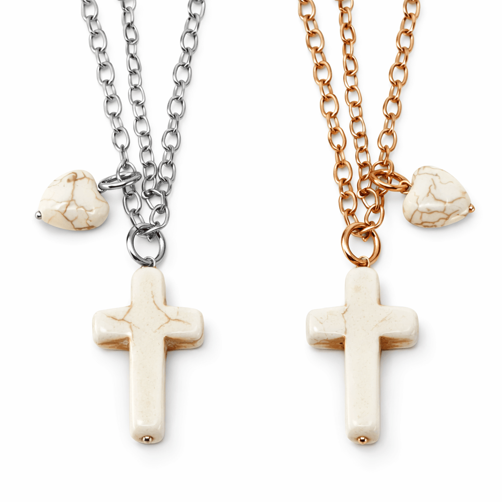 Howlite Cross & Heart Dainty Necklace