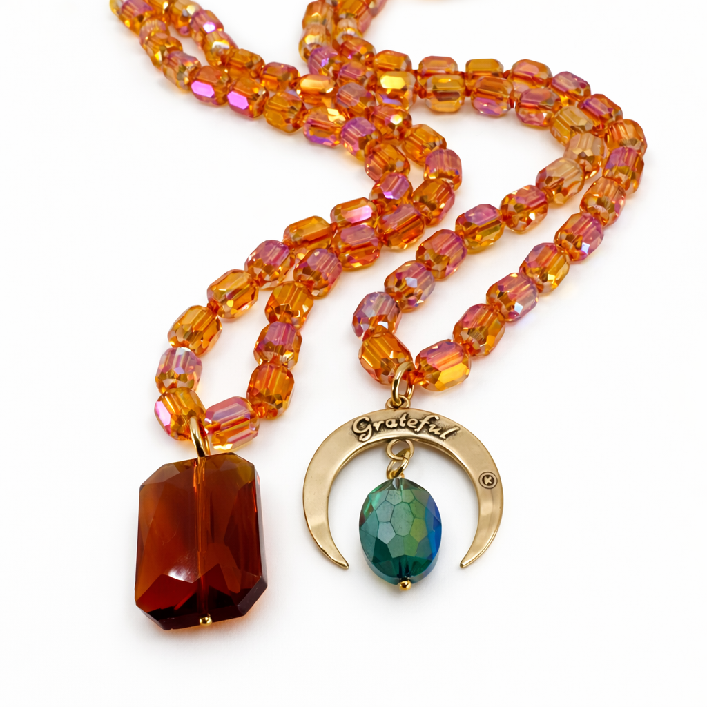Grateful Crescent Moon Amber Crystal Necklace