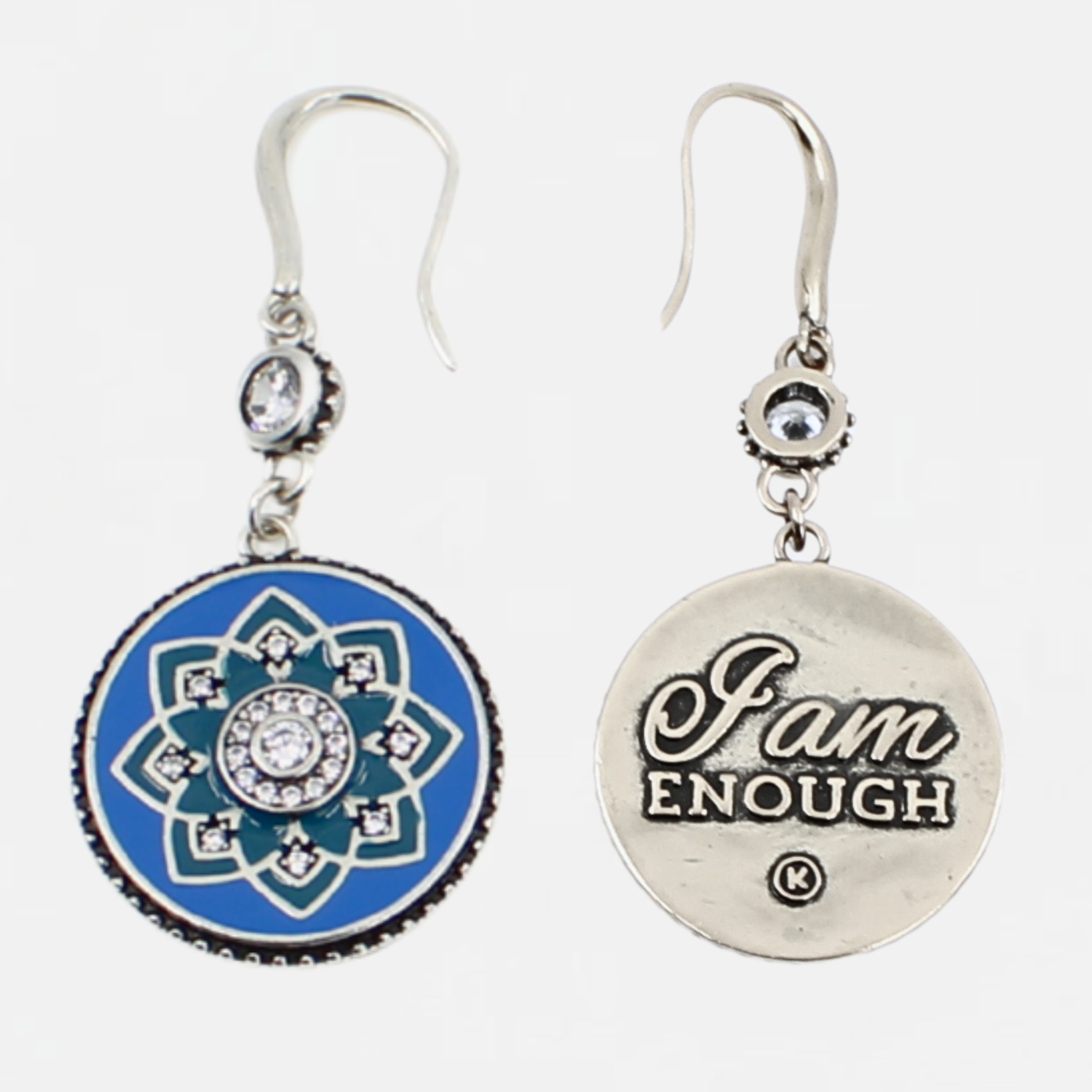Pair of earrings with blue and silver design on a white background