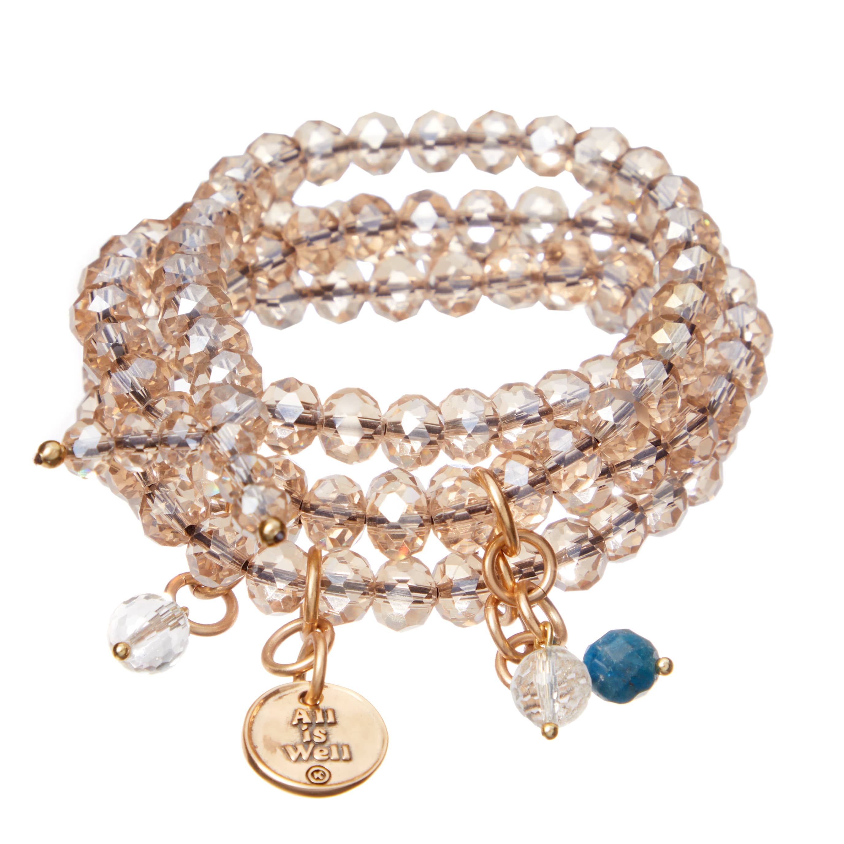 A Boho style wrap bracelet with beige crystal beads and gold finish pendants, including a charm pendant and a blue apatite stone.