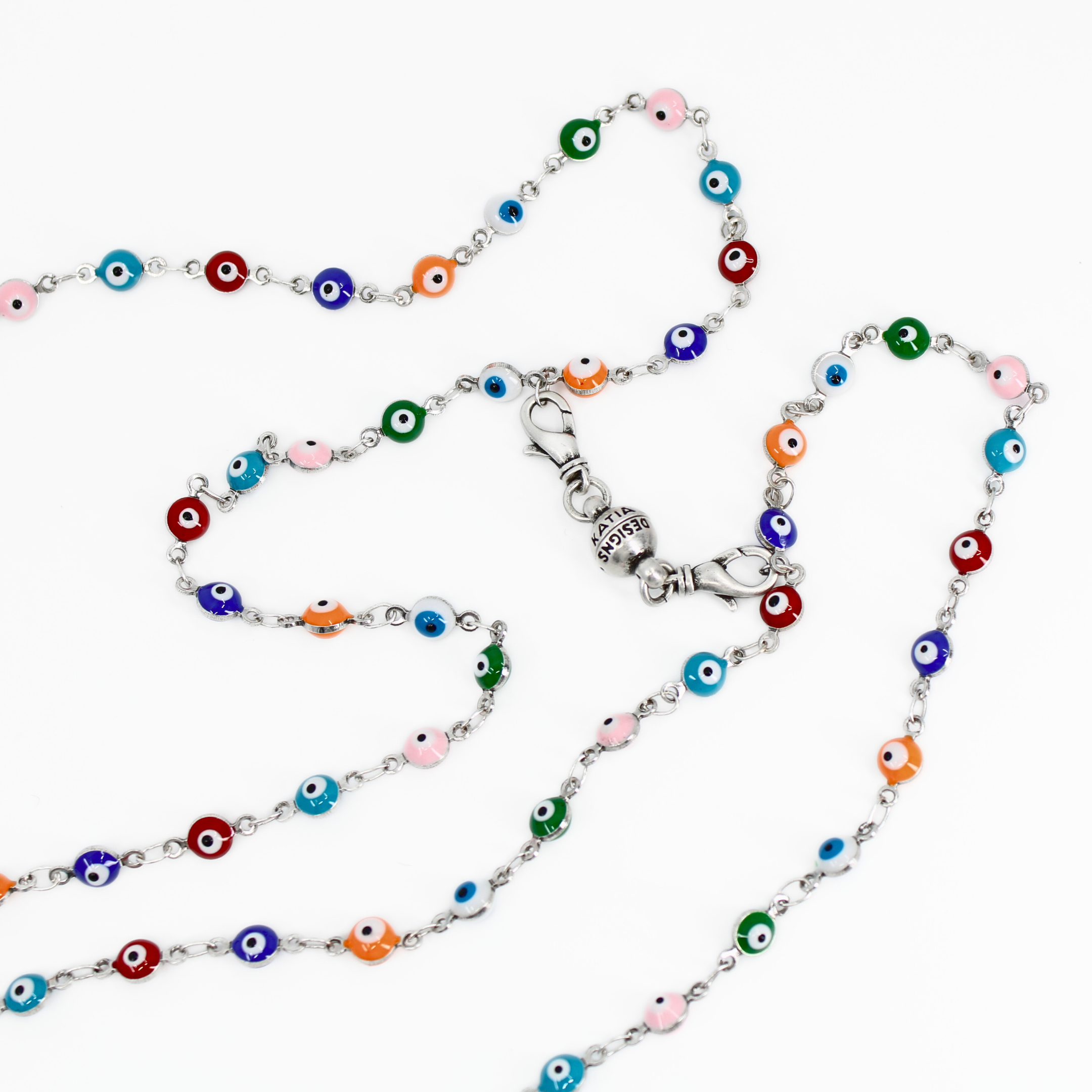 Colorful beaded necklace with a clasp on a white background