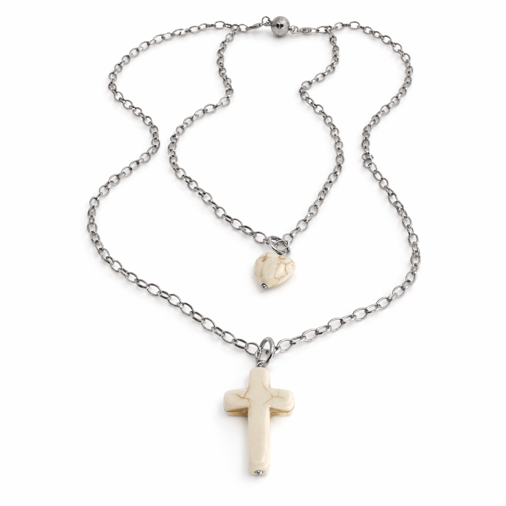 Howlite Cross & Heart Dainty Necklace