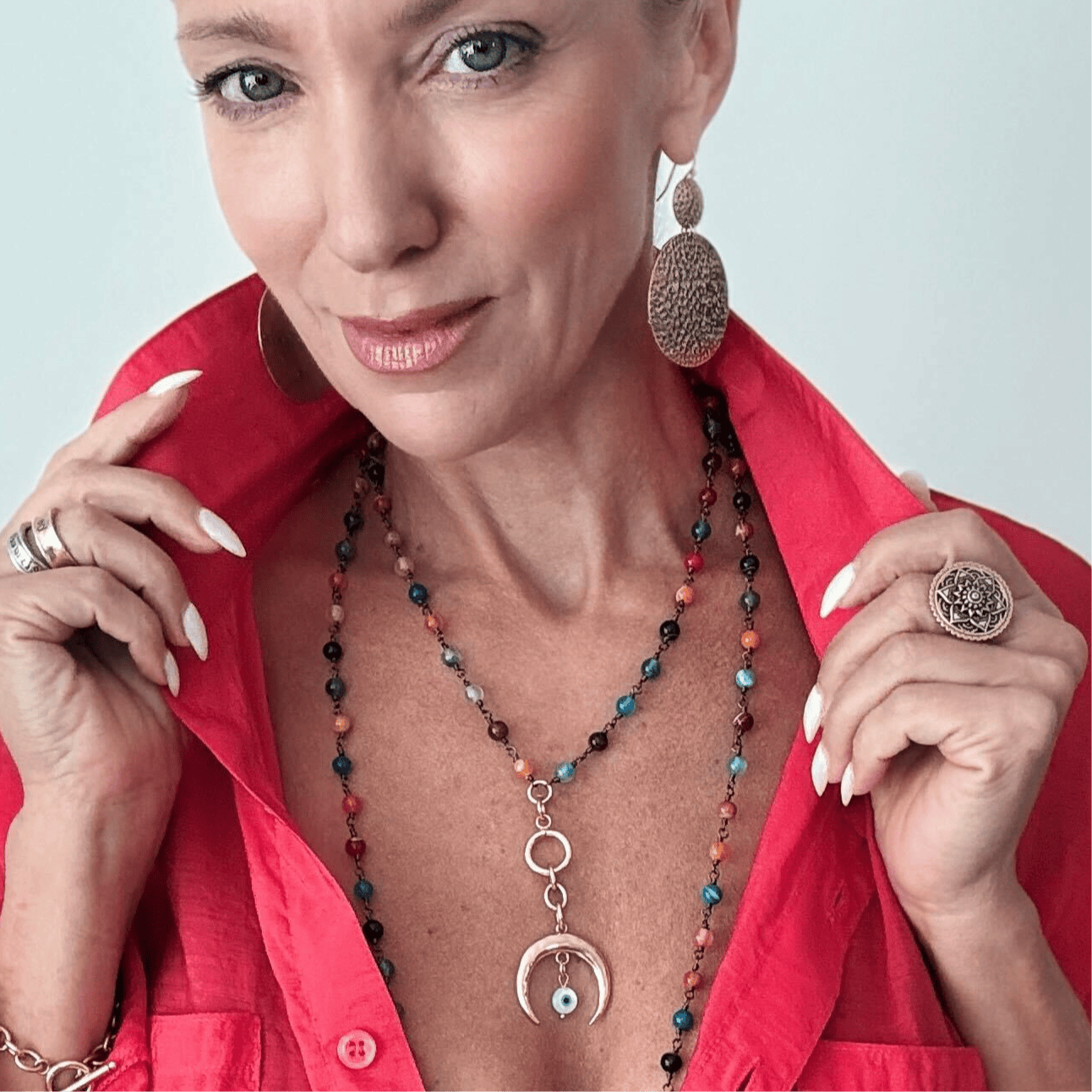 Grateful Crescent Moon Long Rosary Chain Necklace