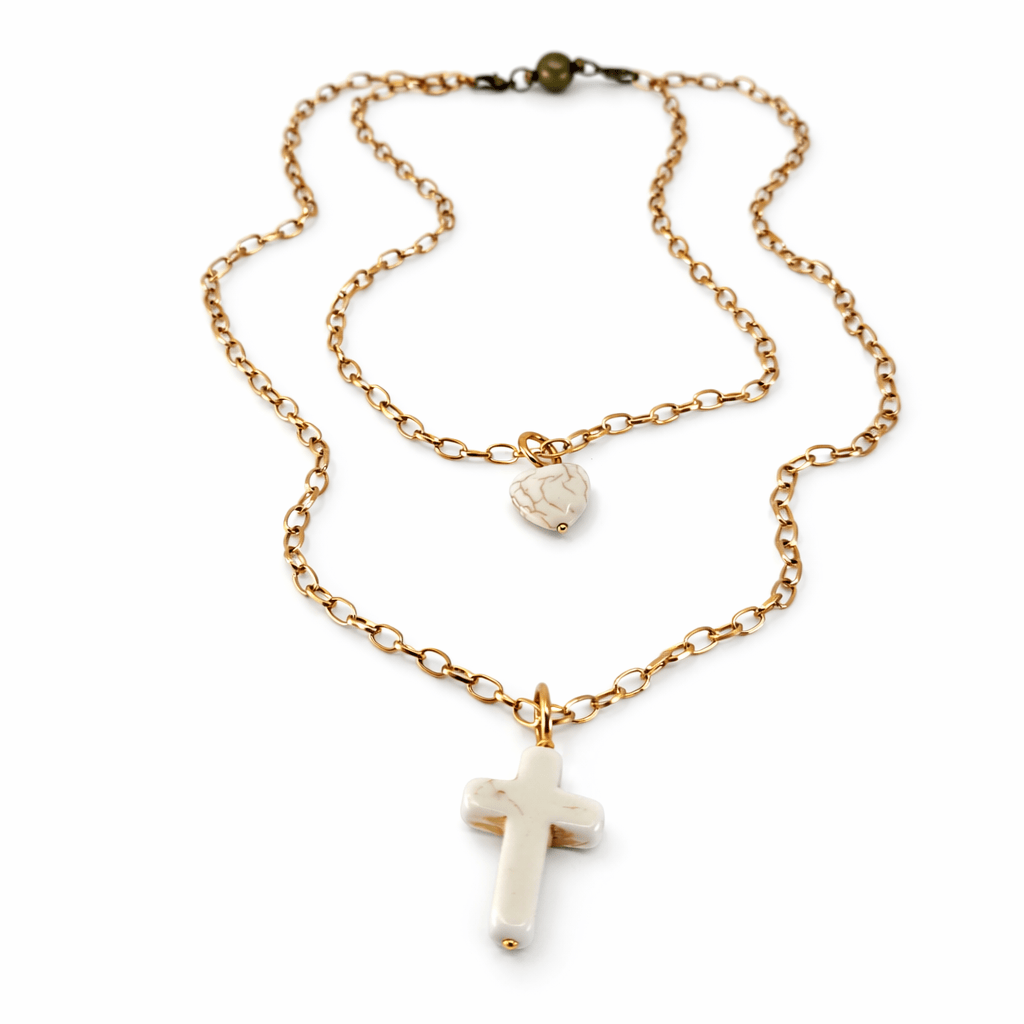 Howlite Cross & Heart Dainty Necklace