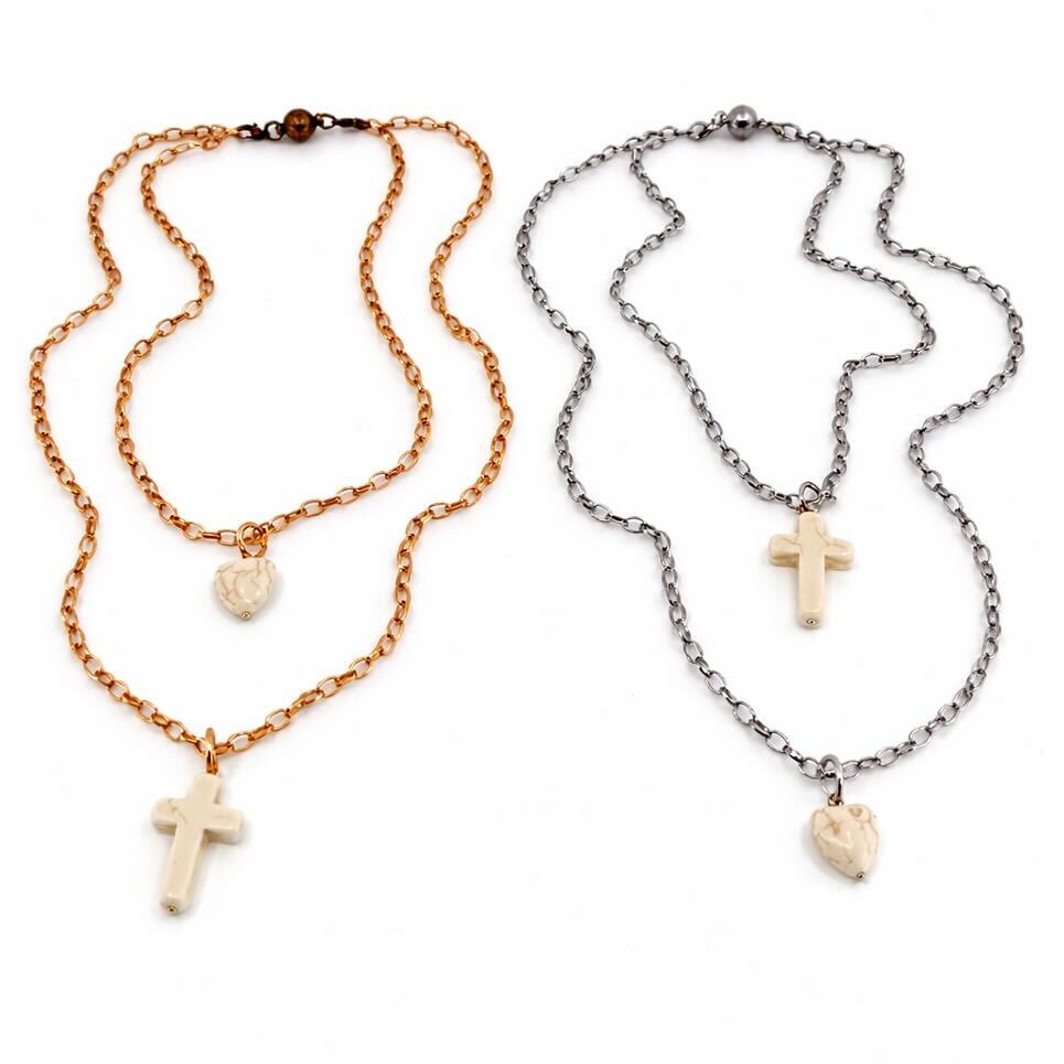 Off White Howlite Cross & Heart Dainty Necklace