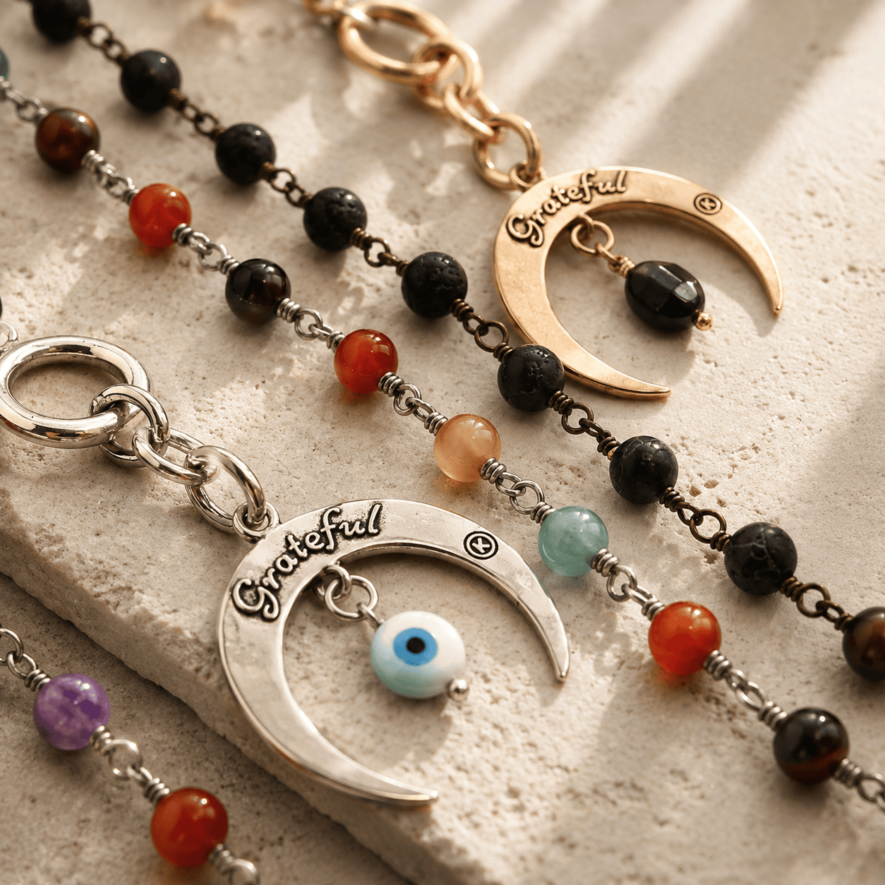 Grateful Crescent Moon Long Rosary Chain Necklace