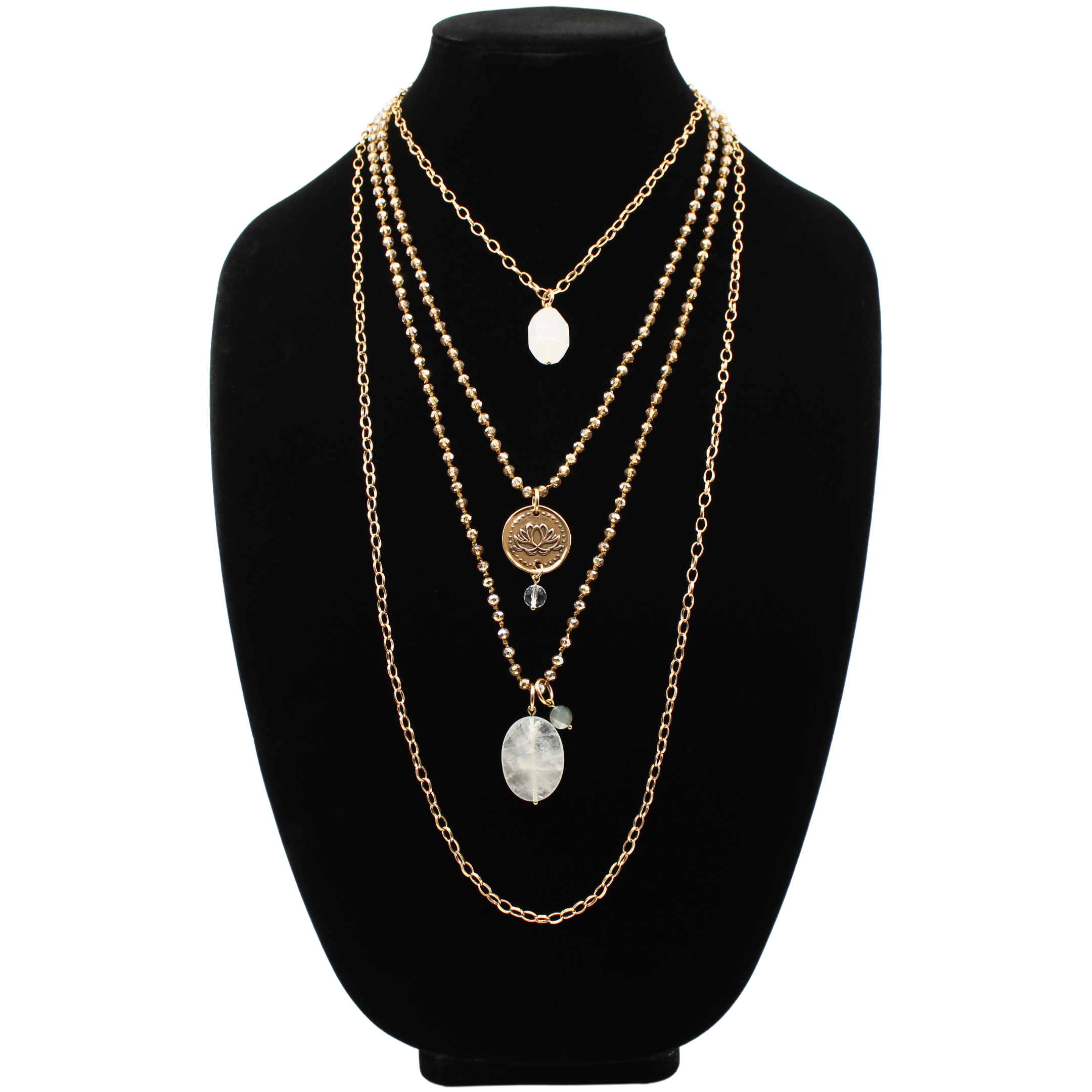 A collection of layered necklaces with various beads and clasps, featuring gold and silver finishes, with one necklace having a pendant that reads 'Remember who the f*** you are'.