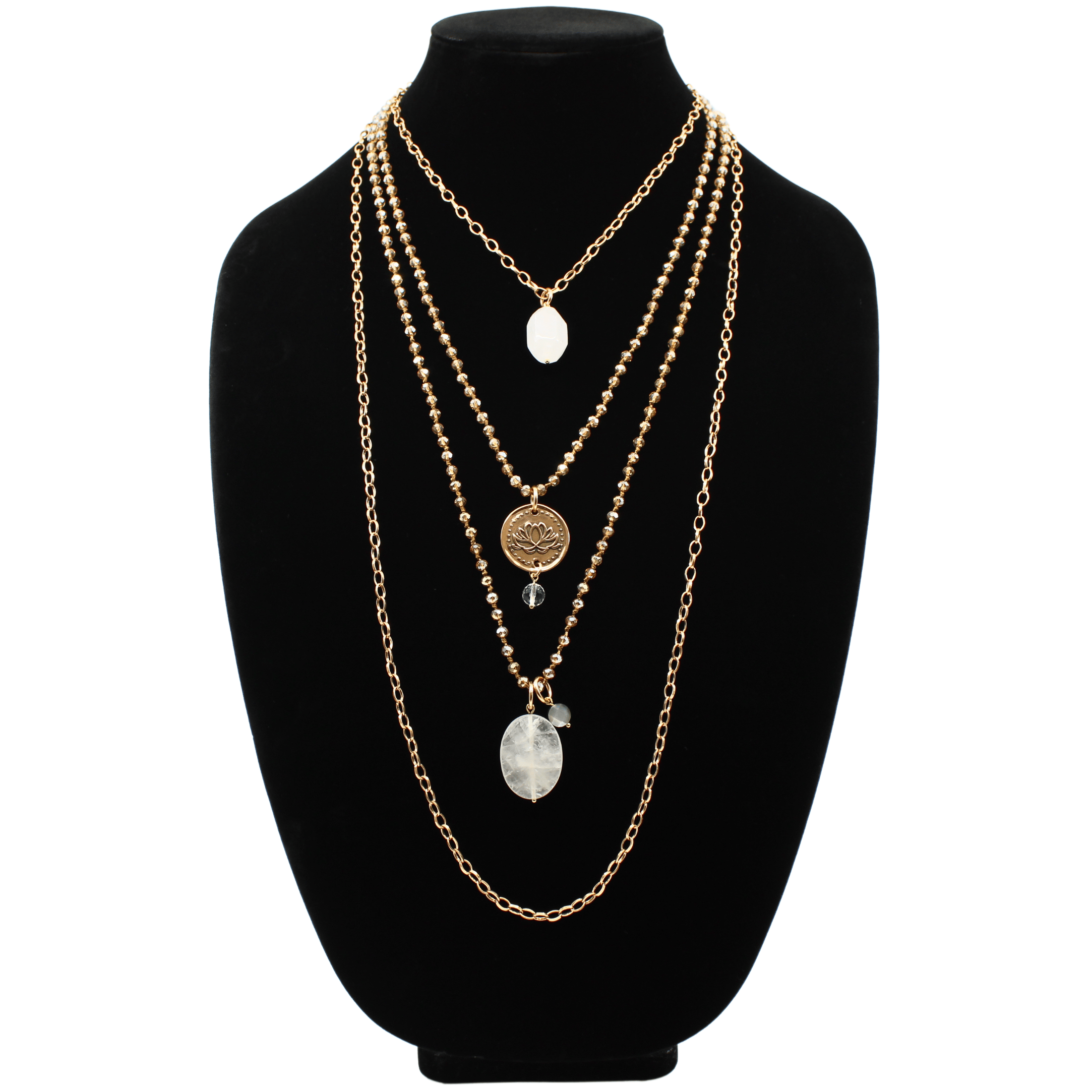 A collection of layered necklaces with various beads and clasps, featuring gold and silver finishes, with one necklace having a pendant that reads 'Remember who the f*** you are'.
