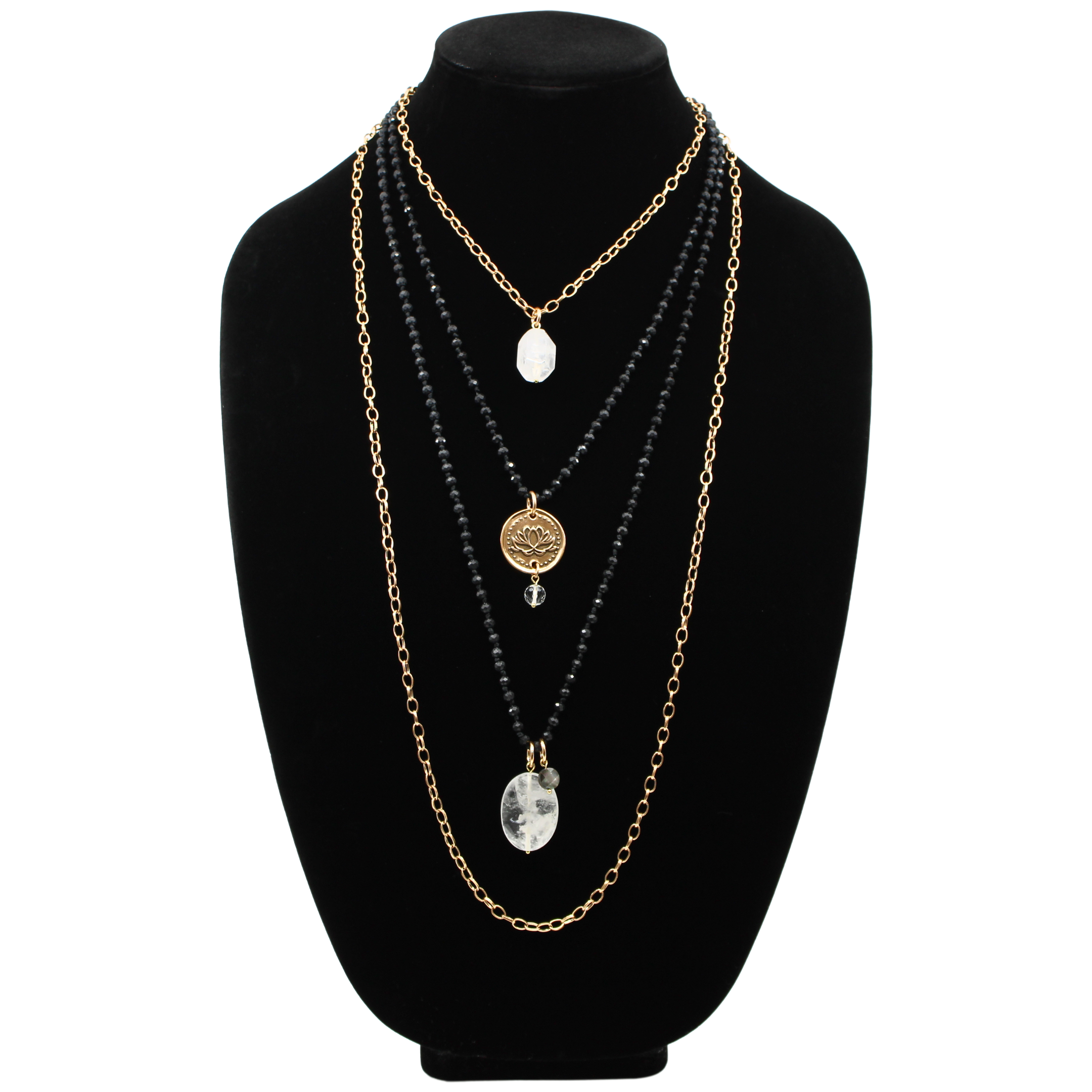 A collection of layered necklaces with various beads and clasps, featuring gold and silver finishes, with one necklace having a pendant that reads 'Remember who the f*** you are'.