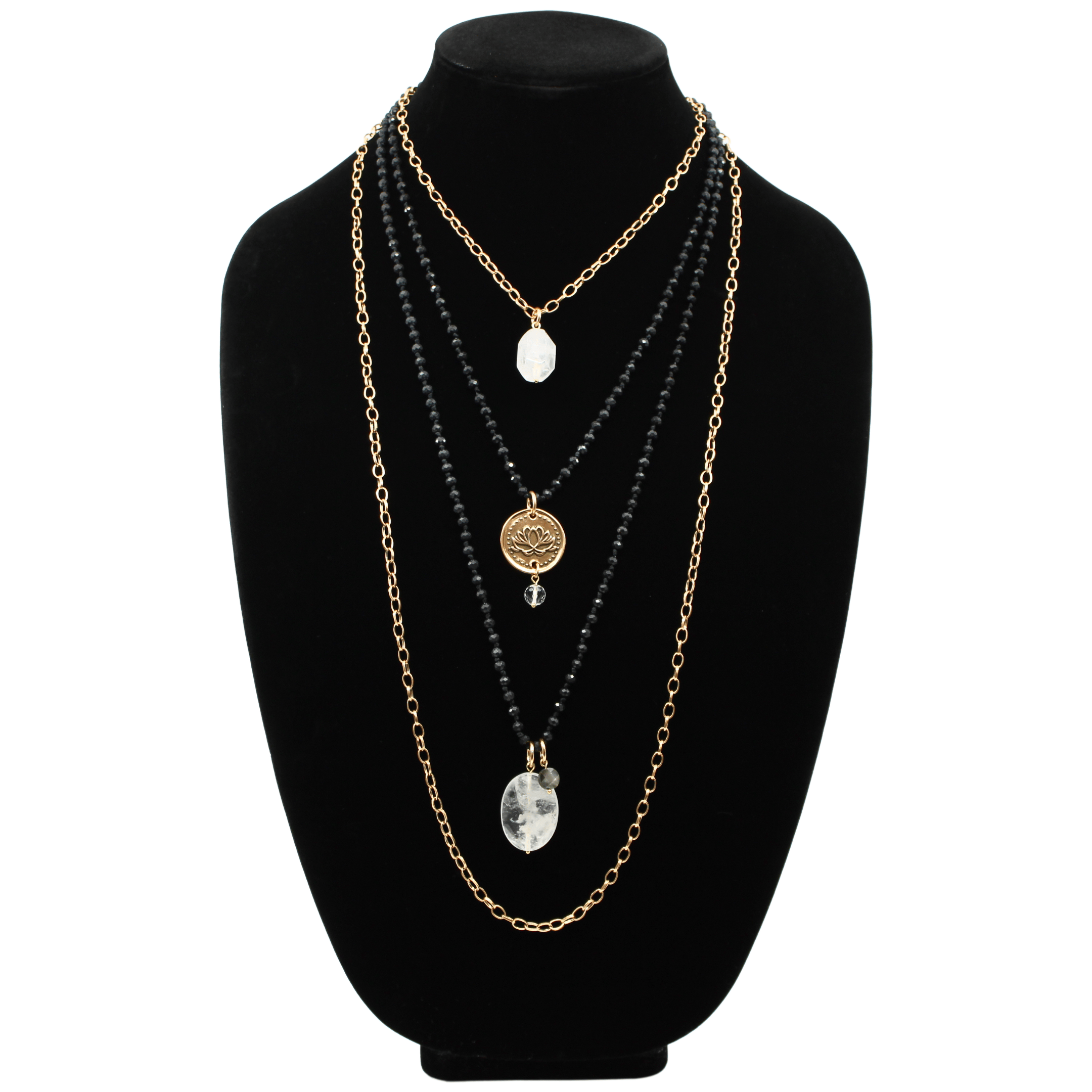 A collection of layered necklaces with various beads and clasps, featuring gold and silver finishes, with one necklace having a pendant that reads 'Remember who the f*** you are'.