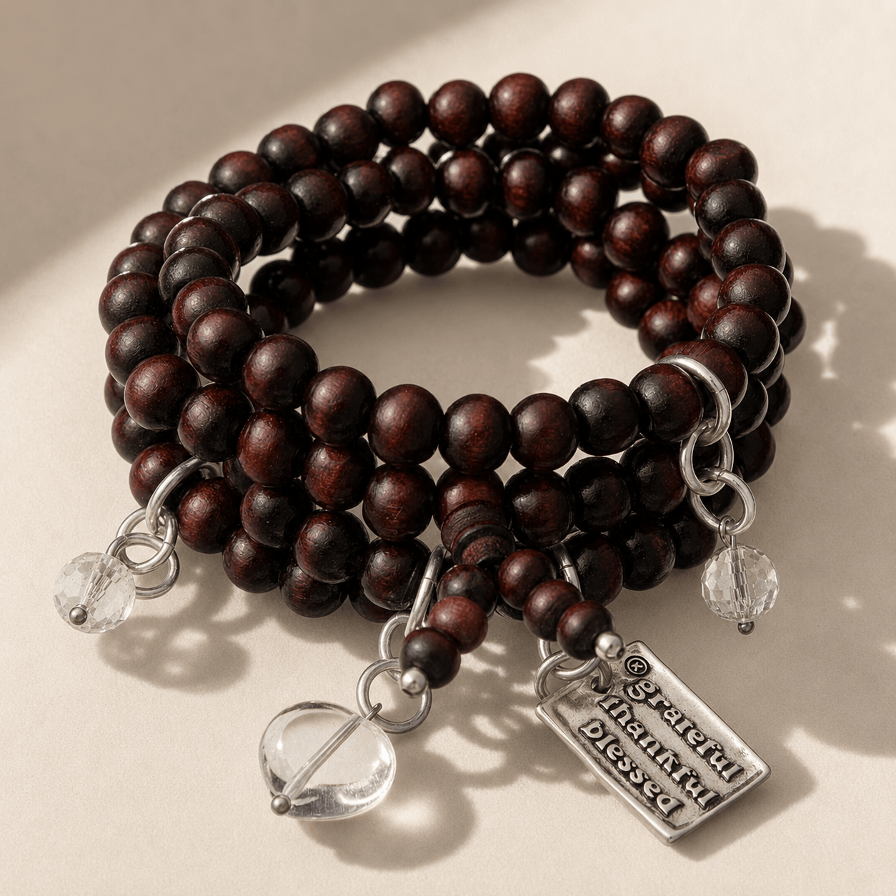 Grateful Thankful Blessed Heart Wood Boho Wrap Bracelet/Necklace