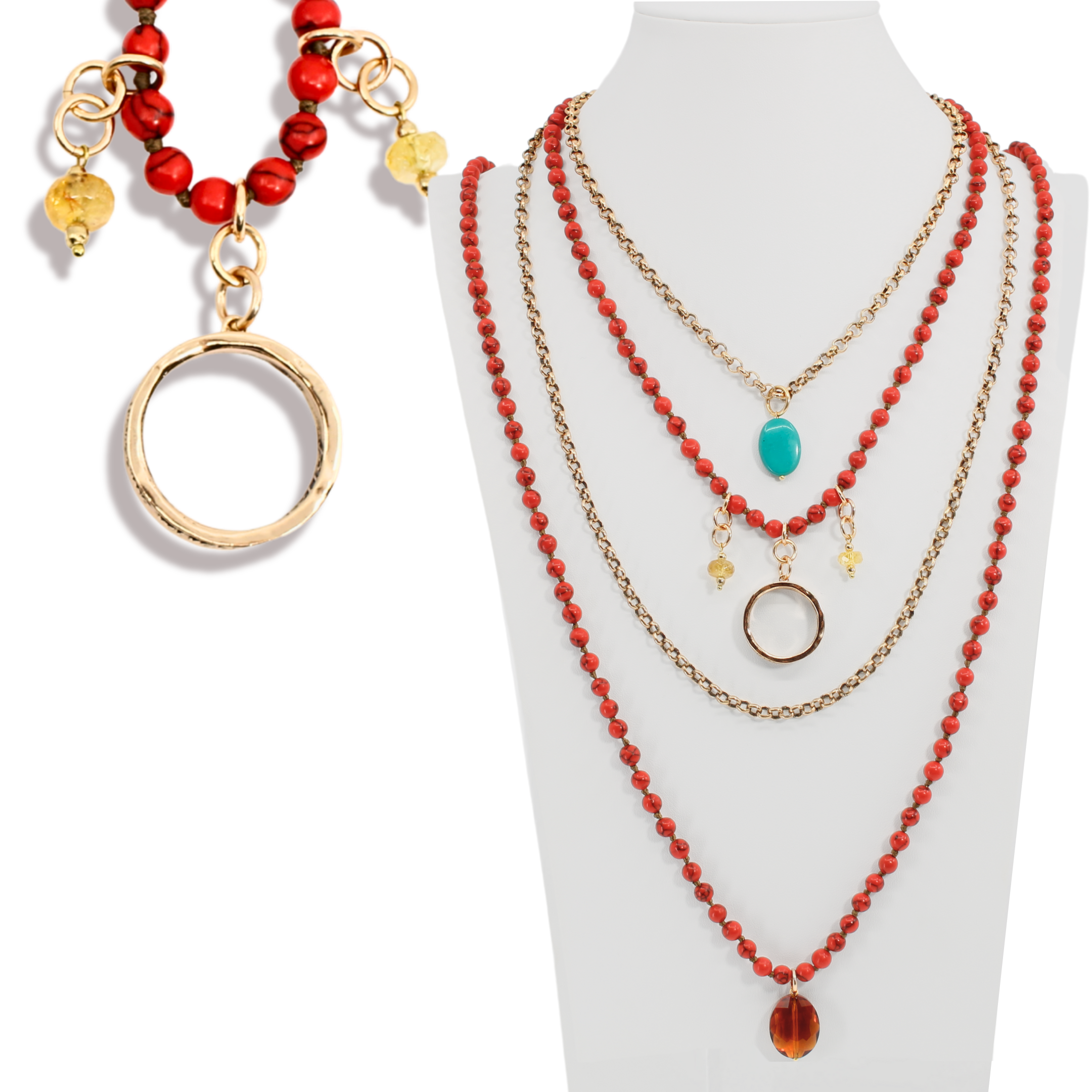 Set of red beaded necklaces with gold and turquoise accents on a mannequin.