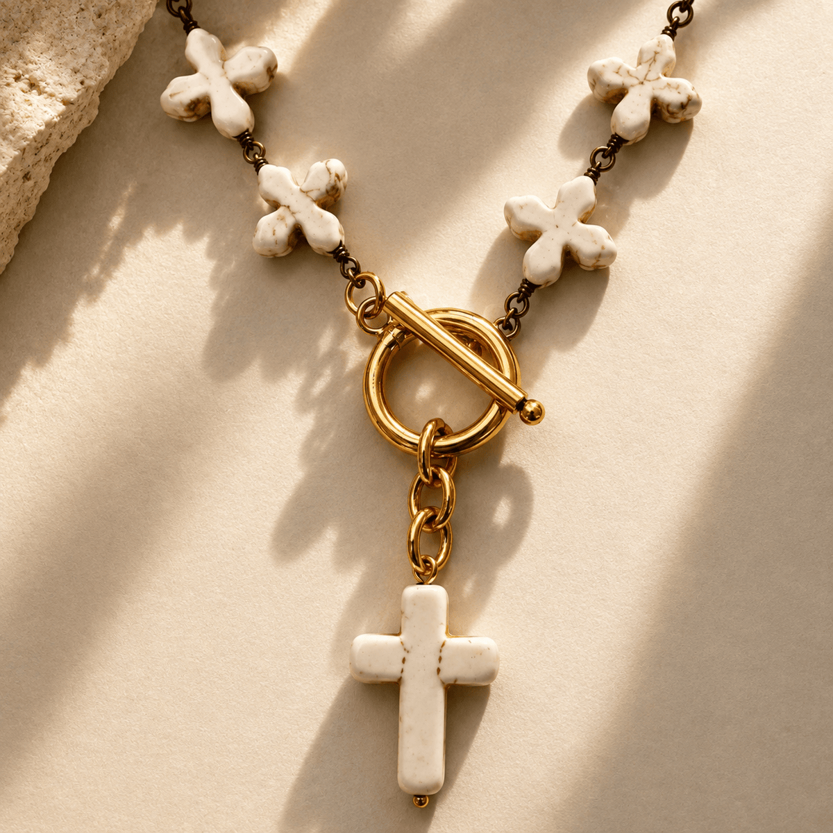 Howlite Cross Rosary Choker Necklace
