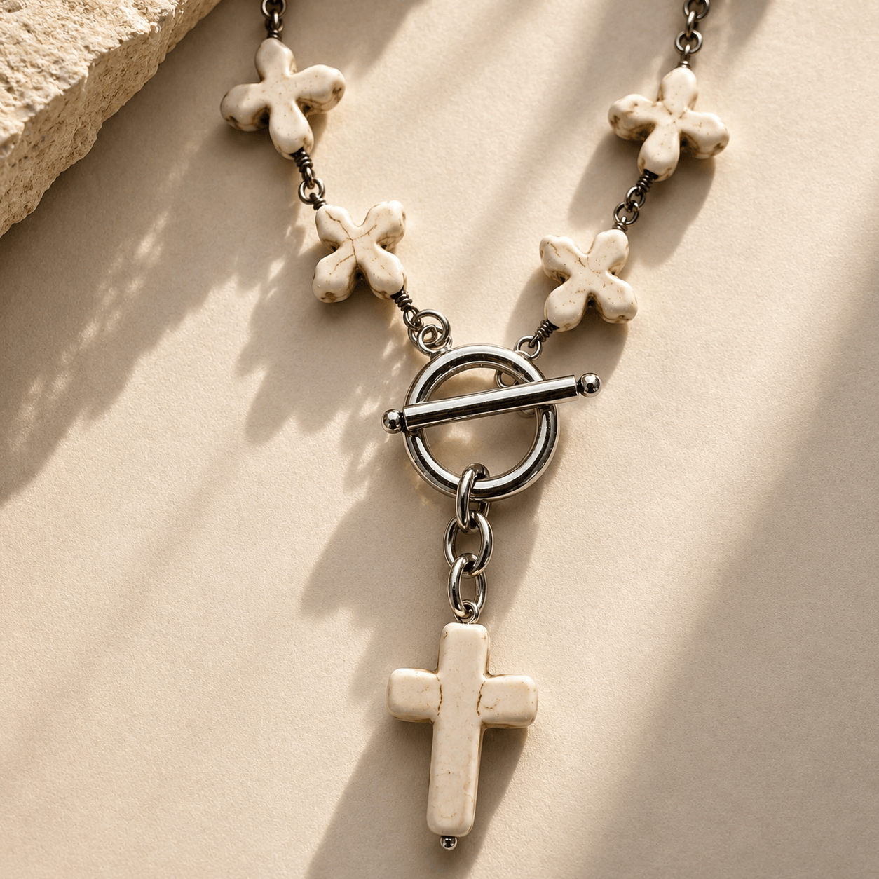 Howlite Cross Rosary Choker Necklace