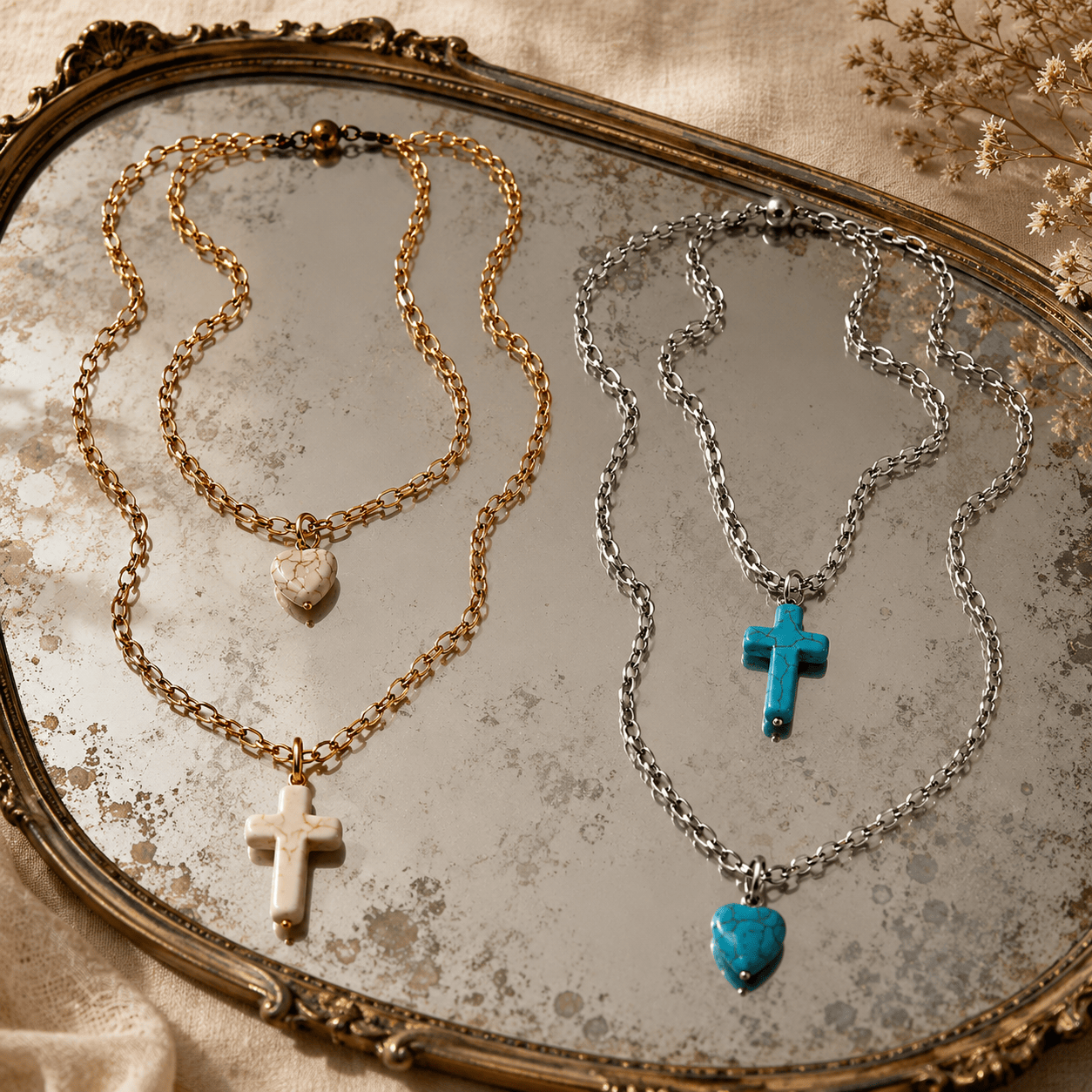 Howlite Cross & Heart Dainty Necklace