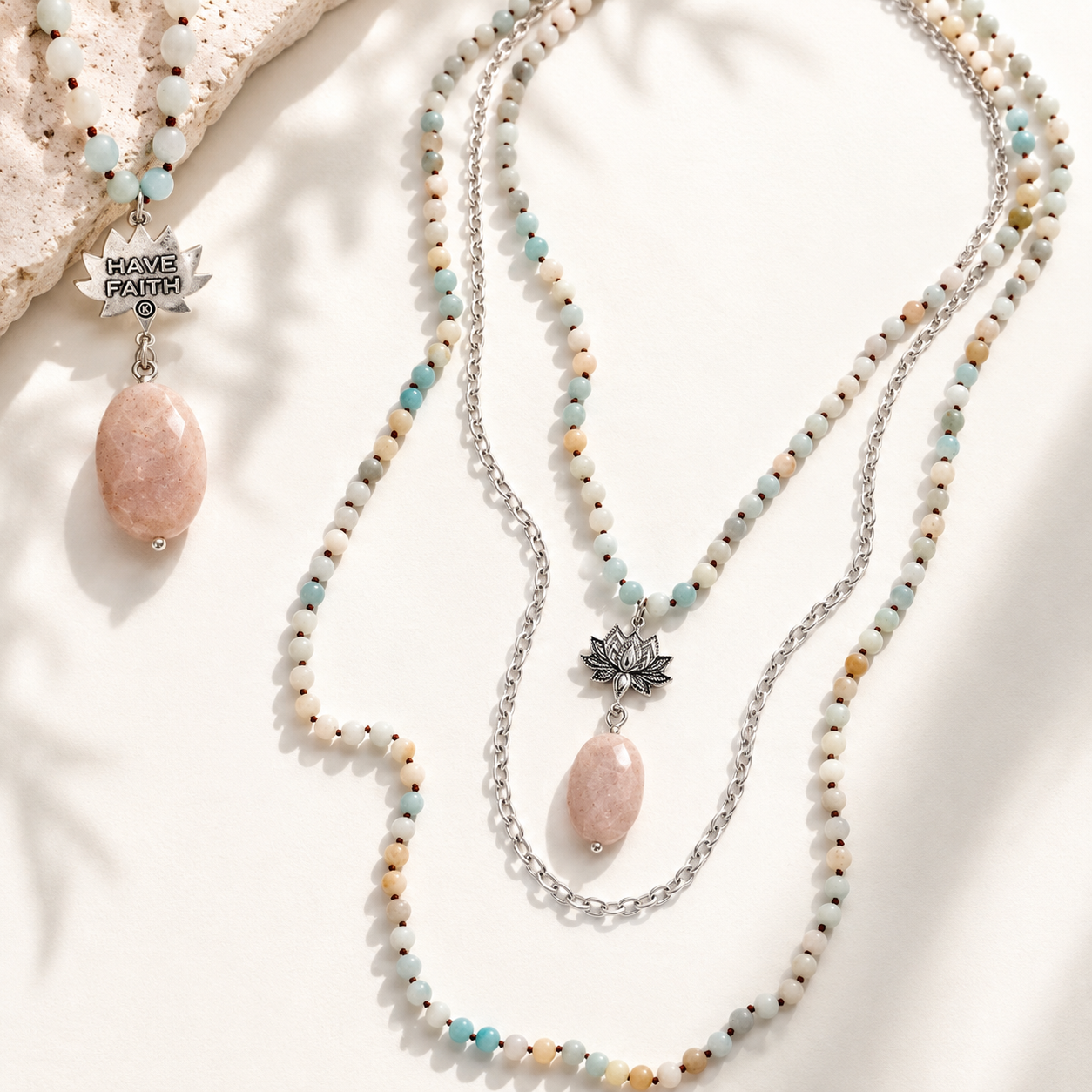 Have Faith Lotus Amazonite Long Chain Fusion Necklace