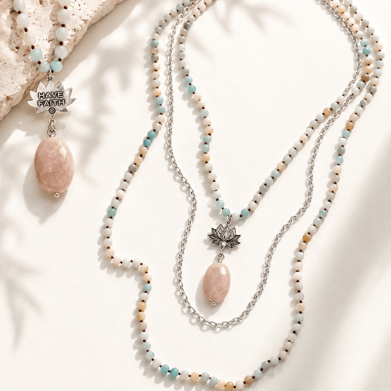 Have Faith Lotus Amazonite Long Chain Fusion Necklace