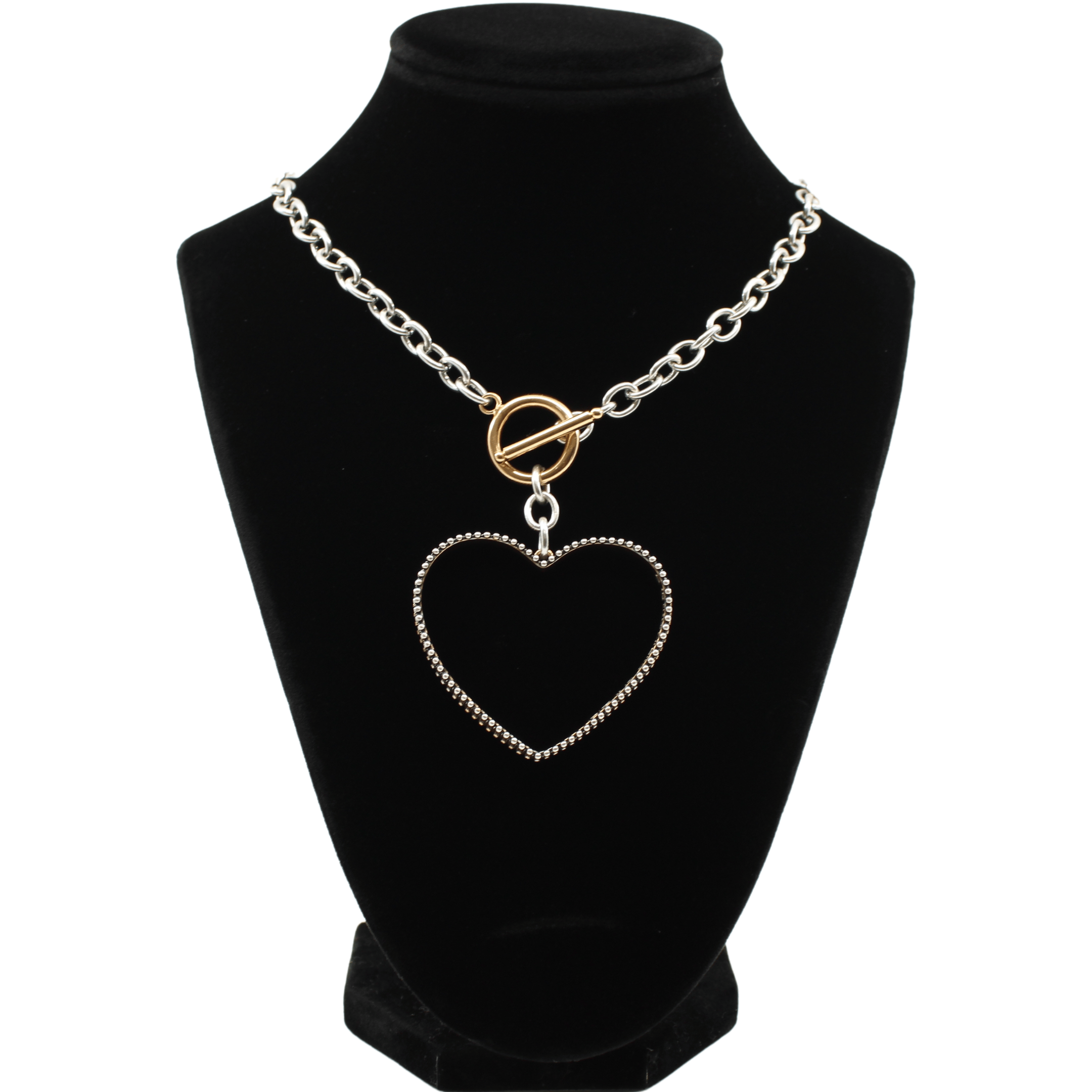 love always open heart mix metal statement choker necklace from katia designs. statement choker necklace adorned with a large hollow heart pendant, showcasing a two-tone design embellished trim and a heartfelt inscription.
silver chain variant displayed on velvet bust.