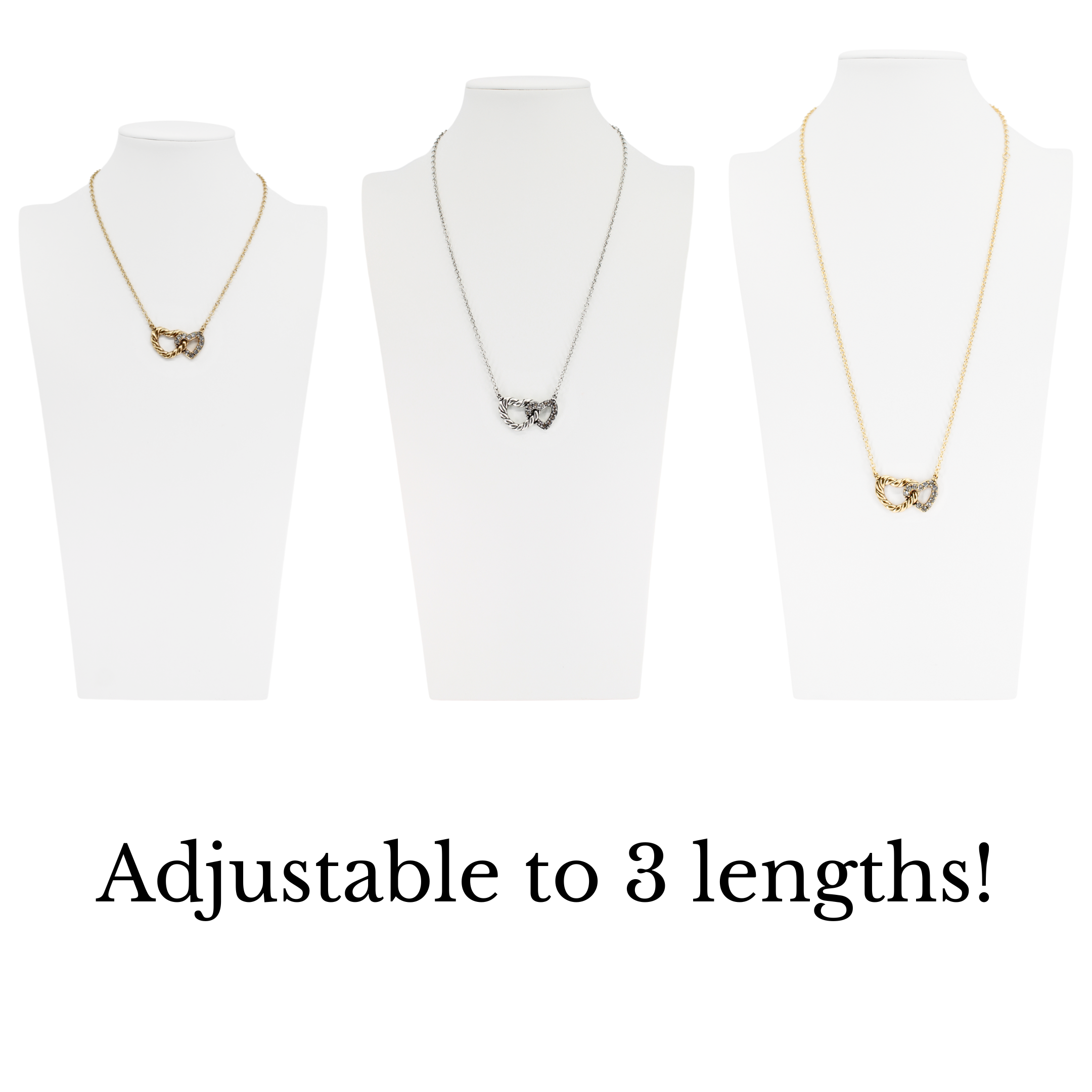 Three necklaces on mannequins with text 'Adjustable to 3 lengths!' on a white background