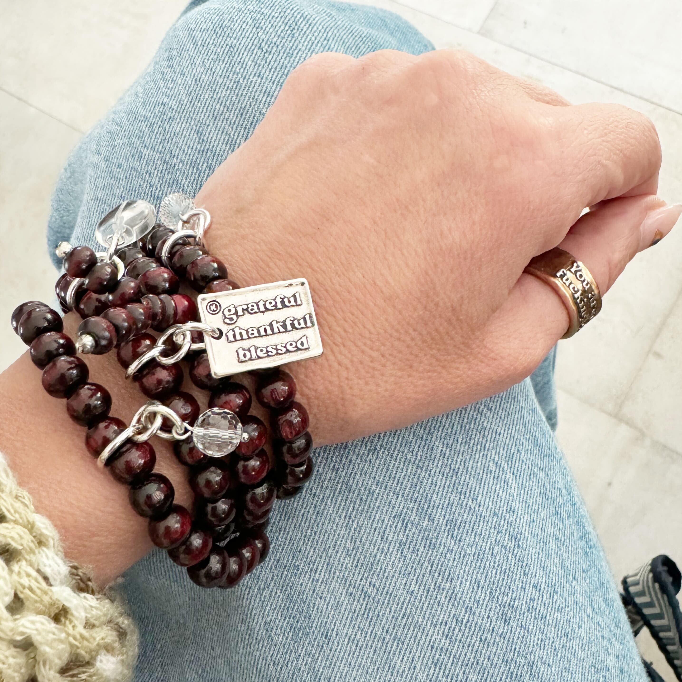 Grateful Thankful Blessed Wood Boho Wrap Layering Set