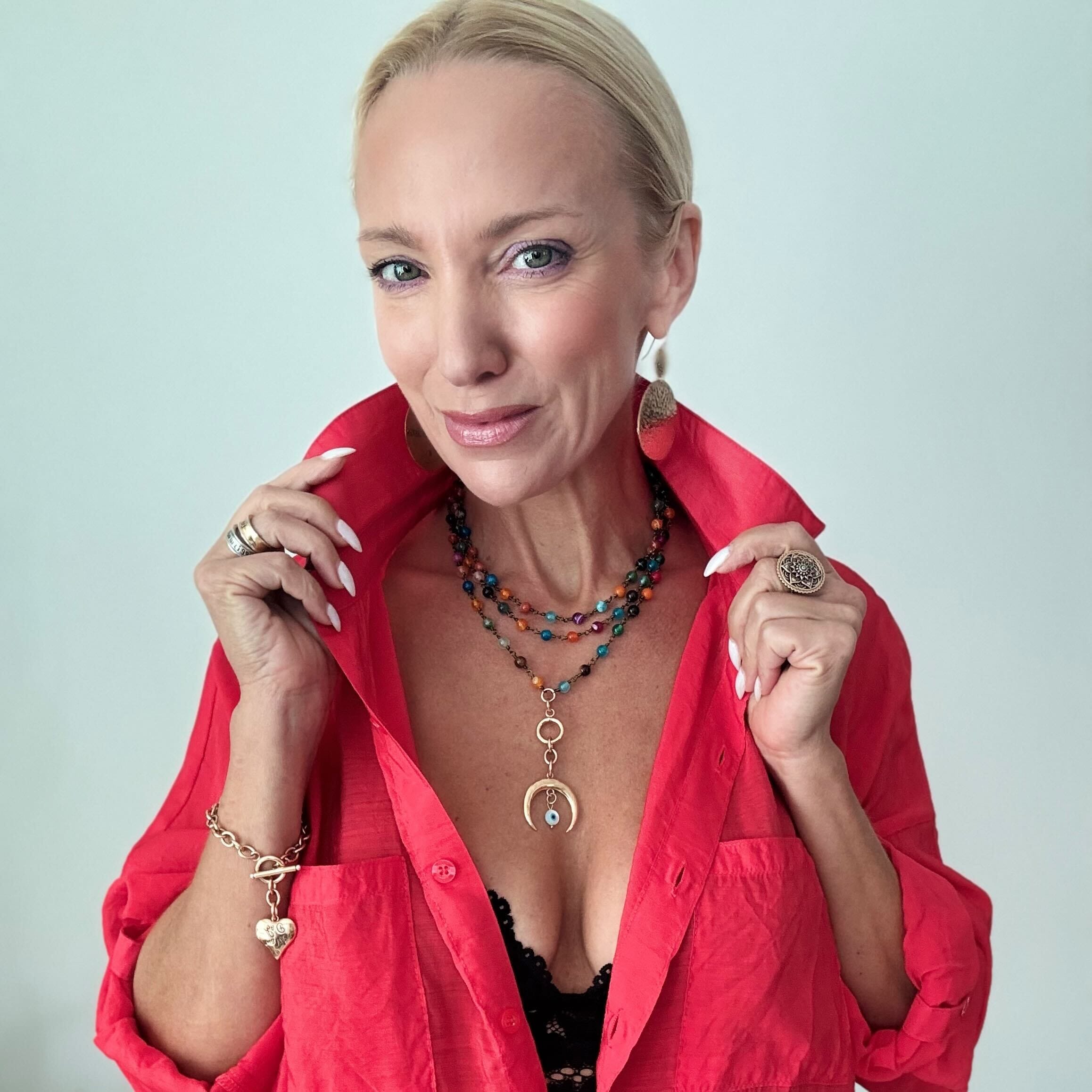Grateful Crescent Moon Long Rosary Chain Necklace
