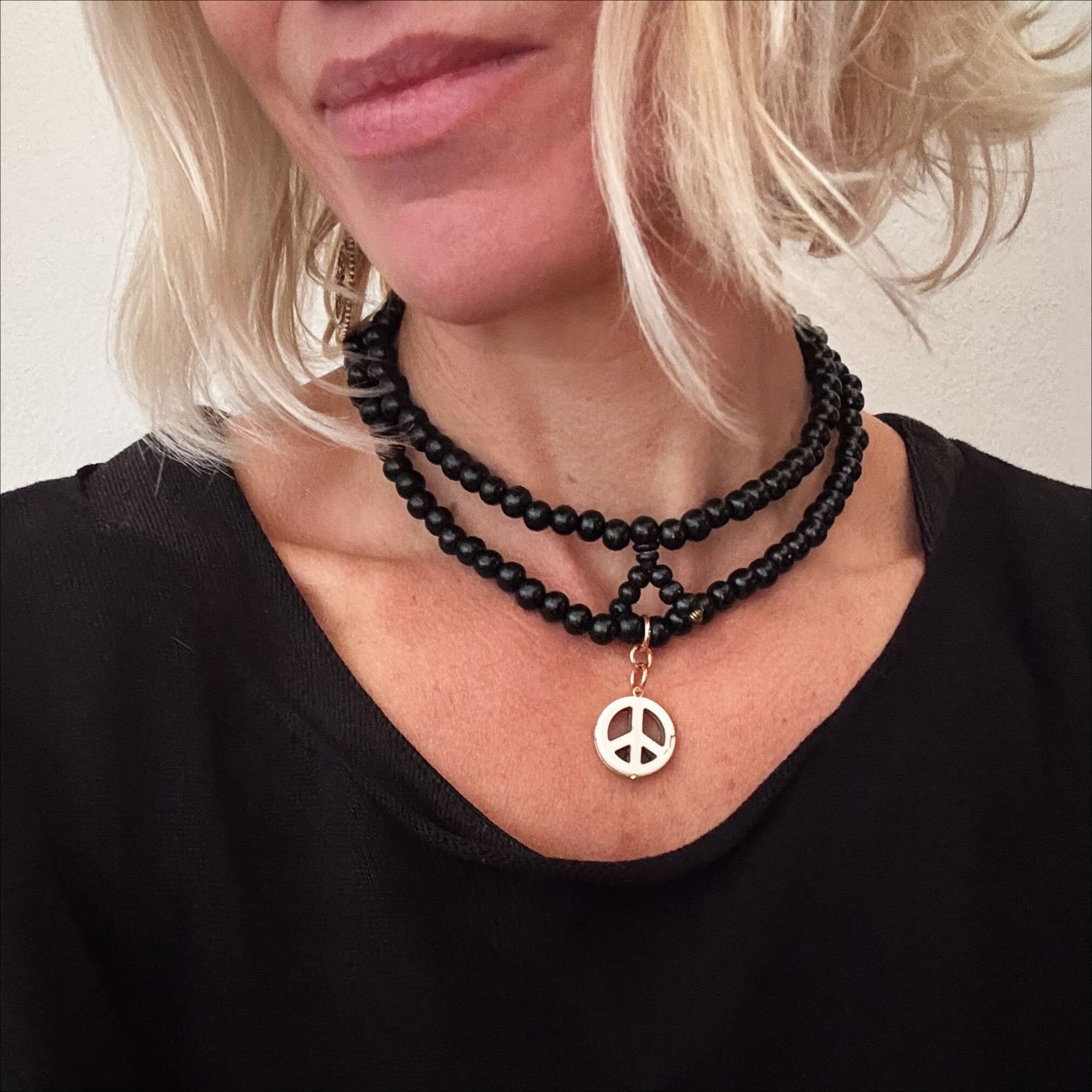 Howlite Peace Sign Wood Boho Wrap Bracelet/Necklace