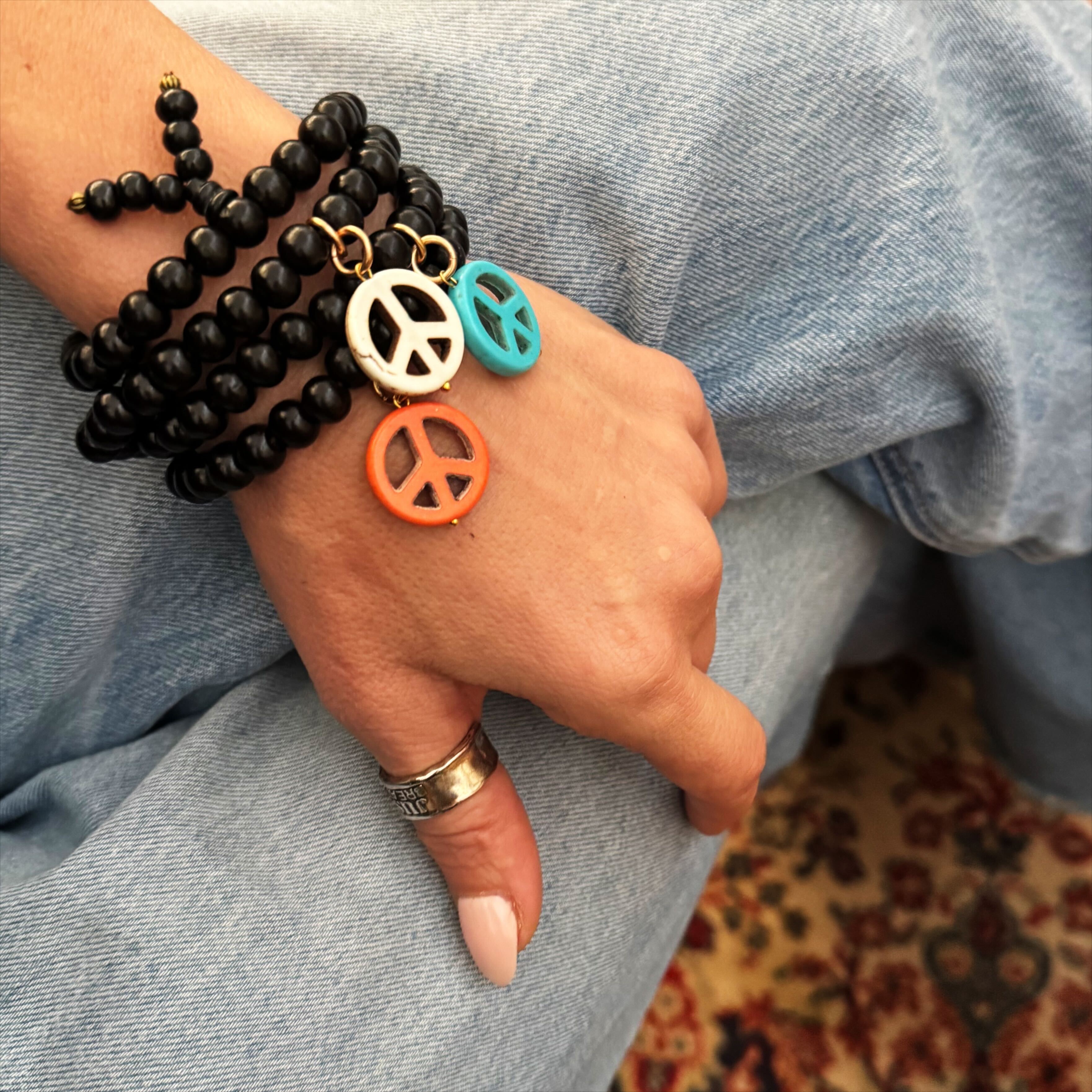Howlite Peace Sign Wood Boho Wrap Bracelet/Necklace