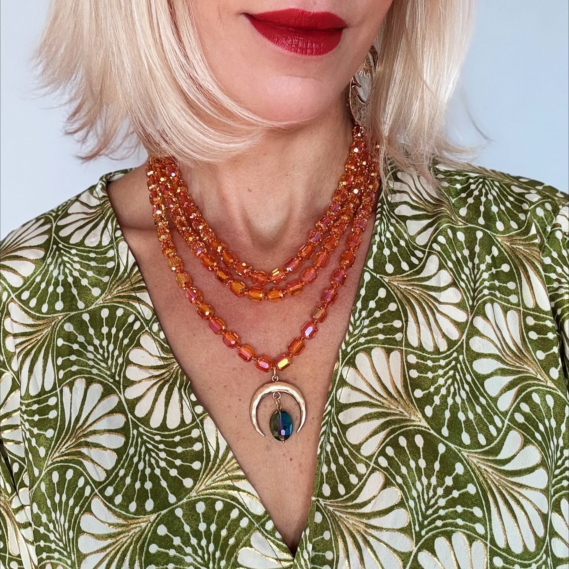 Grateful Crescent Moon Amber Crystal Necklace