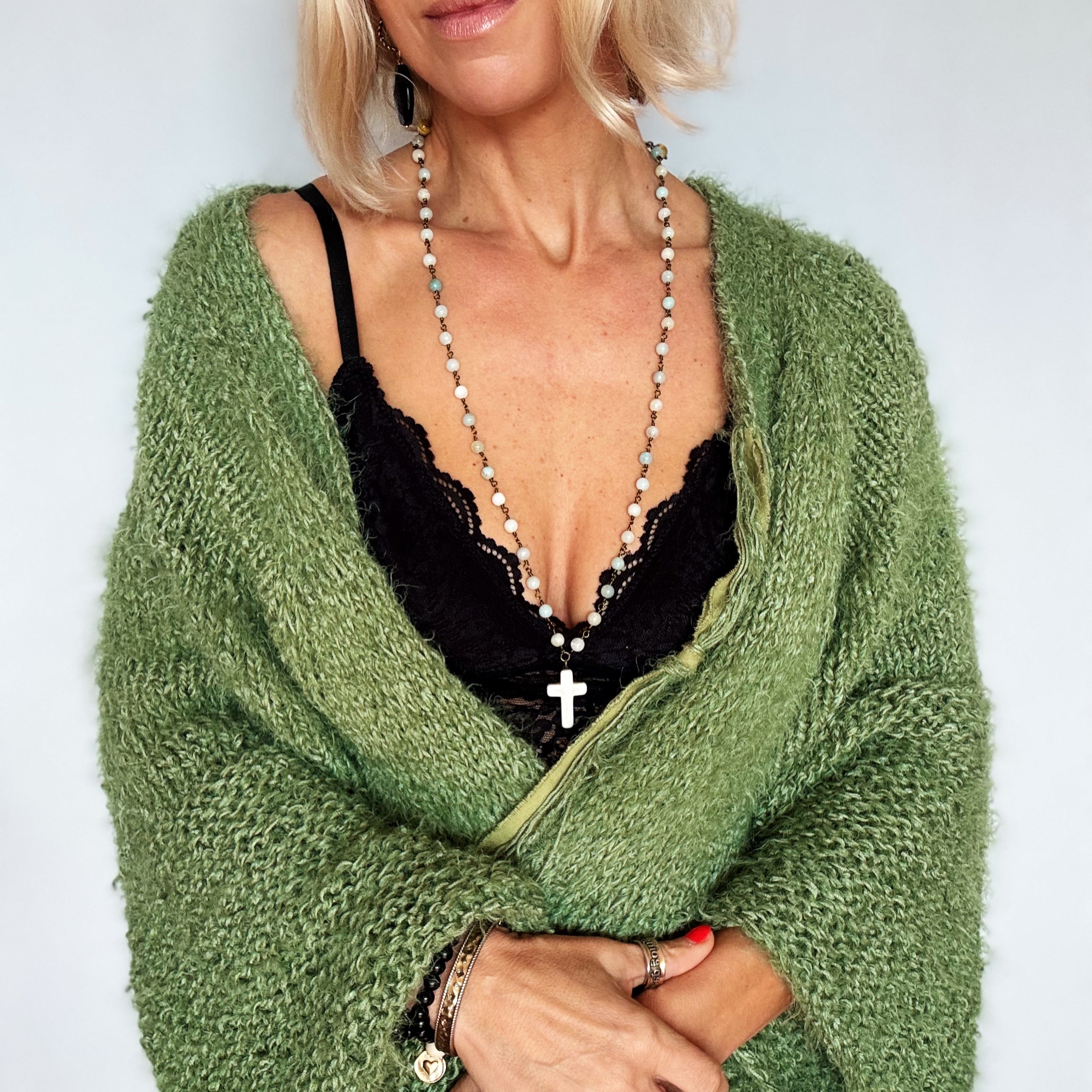 Howlite Cross Amazonite Rosary Necklace