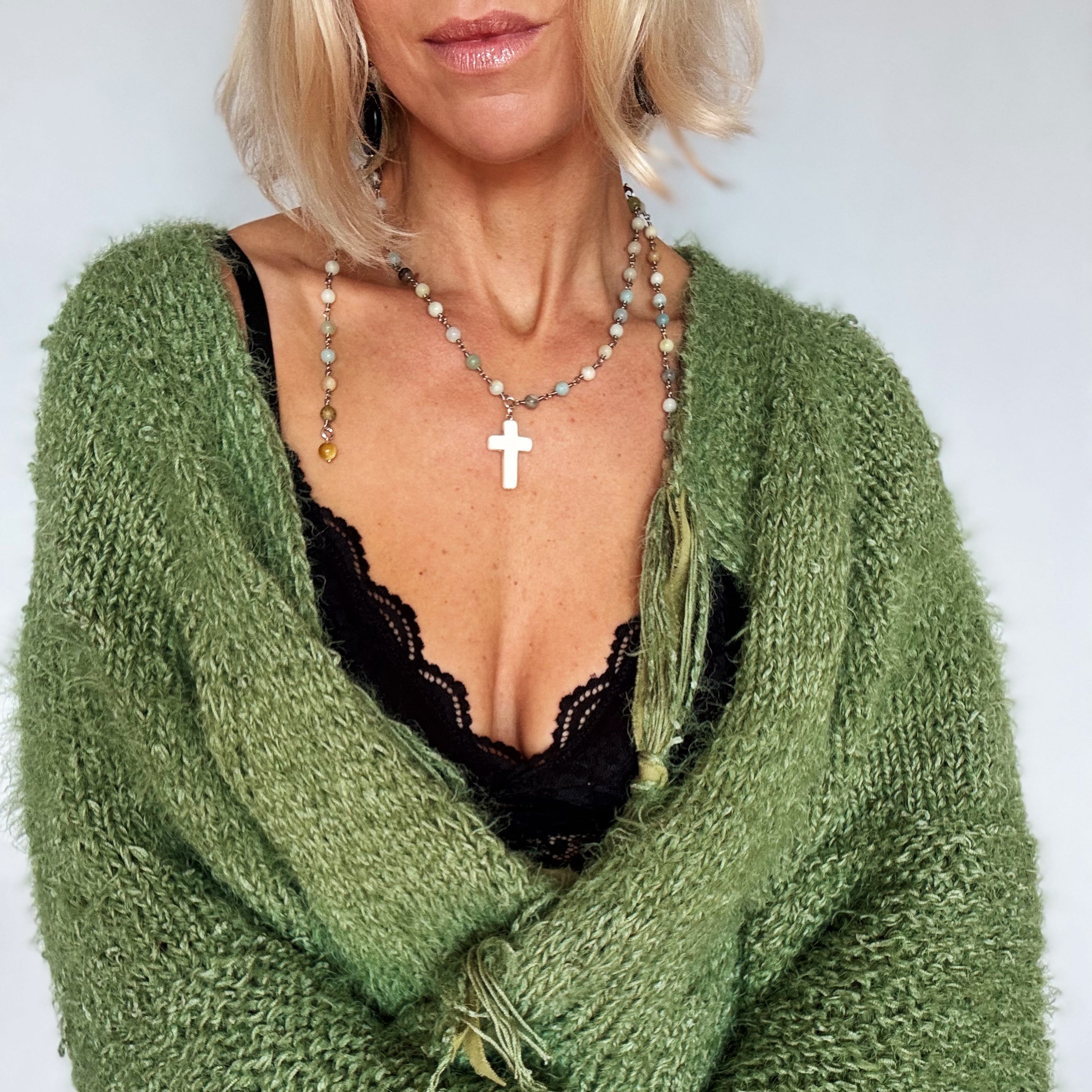 Howlite Cross Amazonite Rosary Necklace