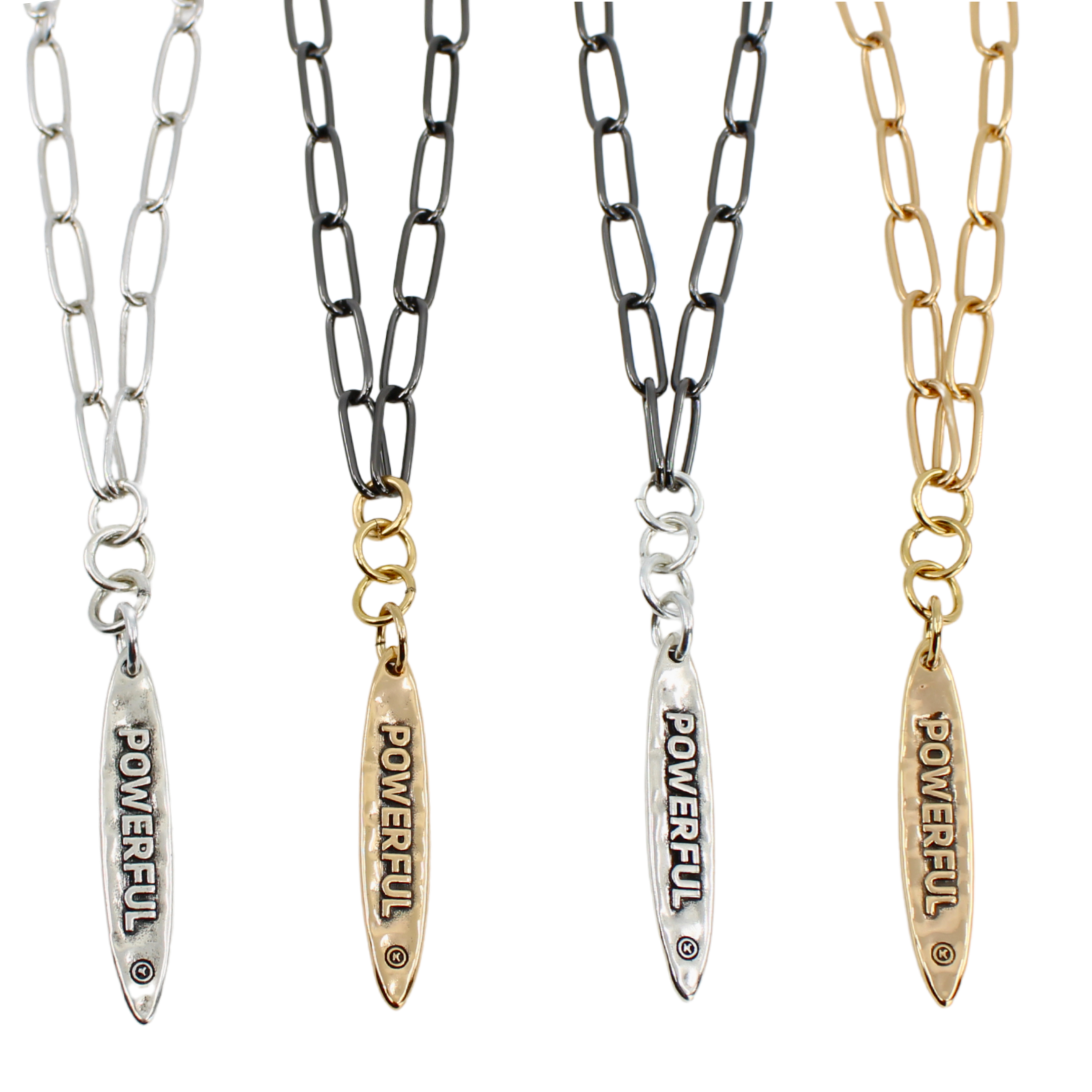 Four necklaces with 'POWERFUL' pendants in different metals on a white background