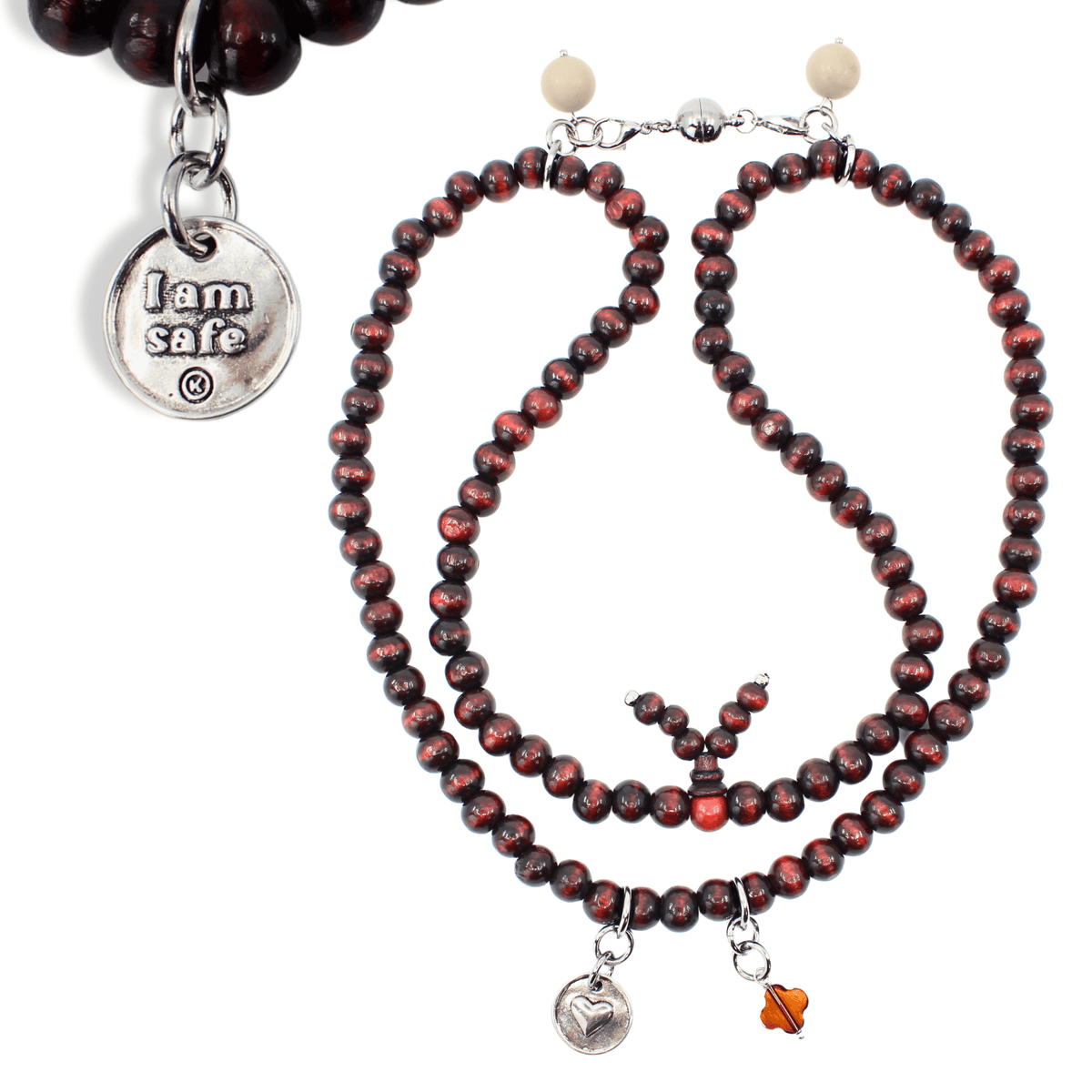 I Am Safe Heart Wood Boho Wrap Bracelet/Necklace