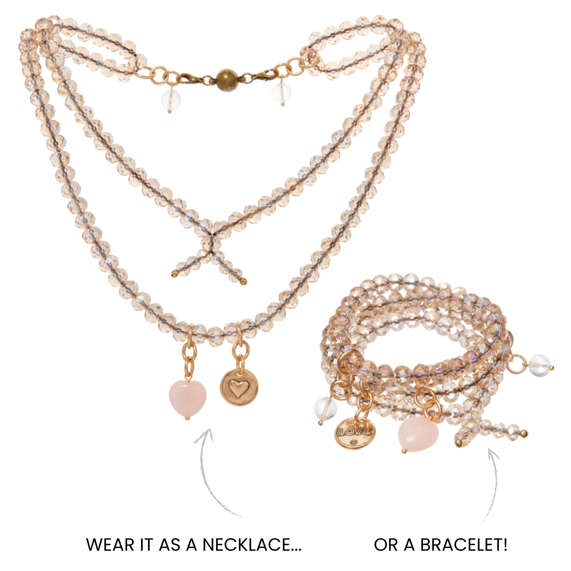 An image showing a gold-colored boho wrap necklace with a rose quartz heart pendant and beige crystal beads, displayed in two ways: as a necklace and as a bracelet.