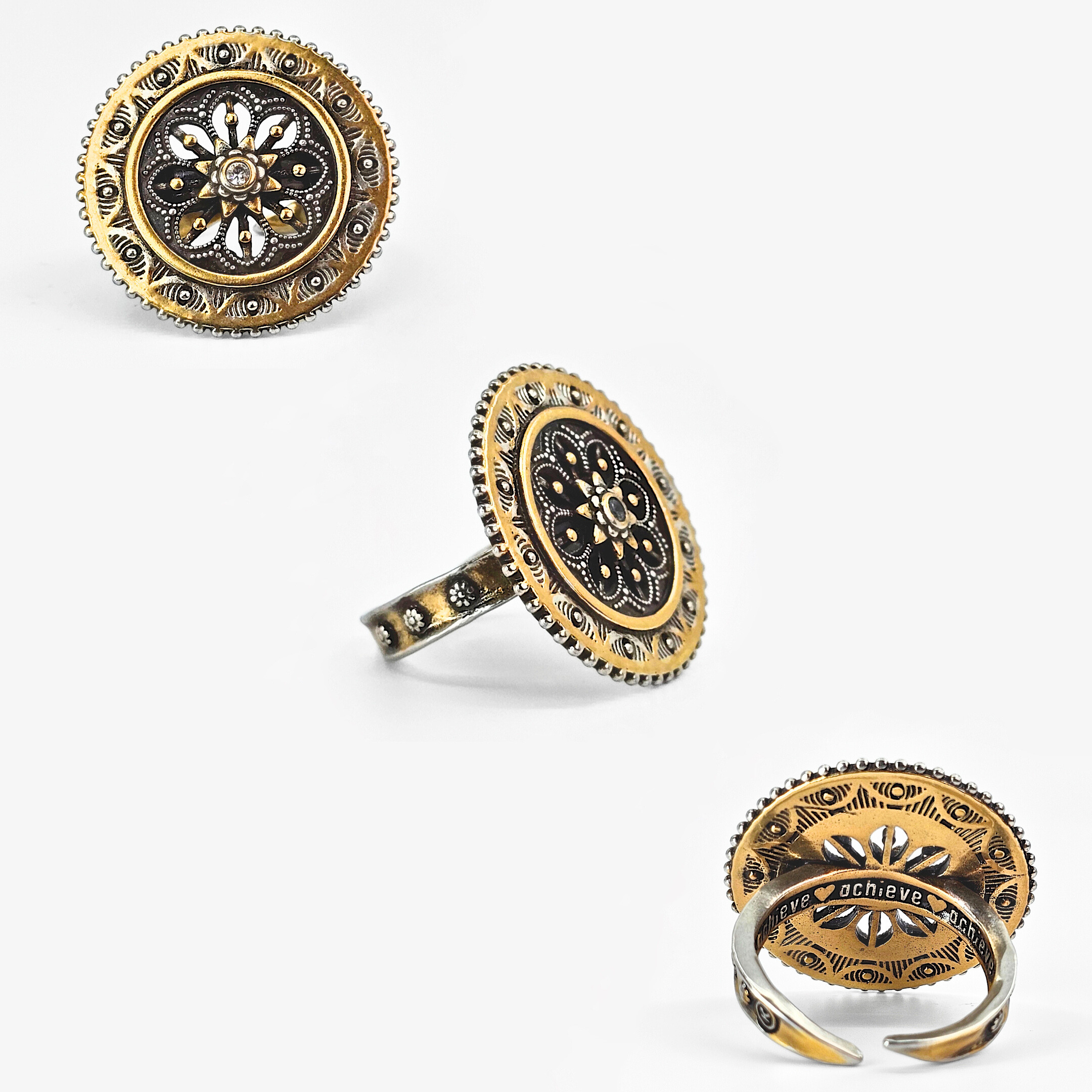 Decorative gold and silver rings on a white background