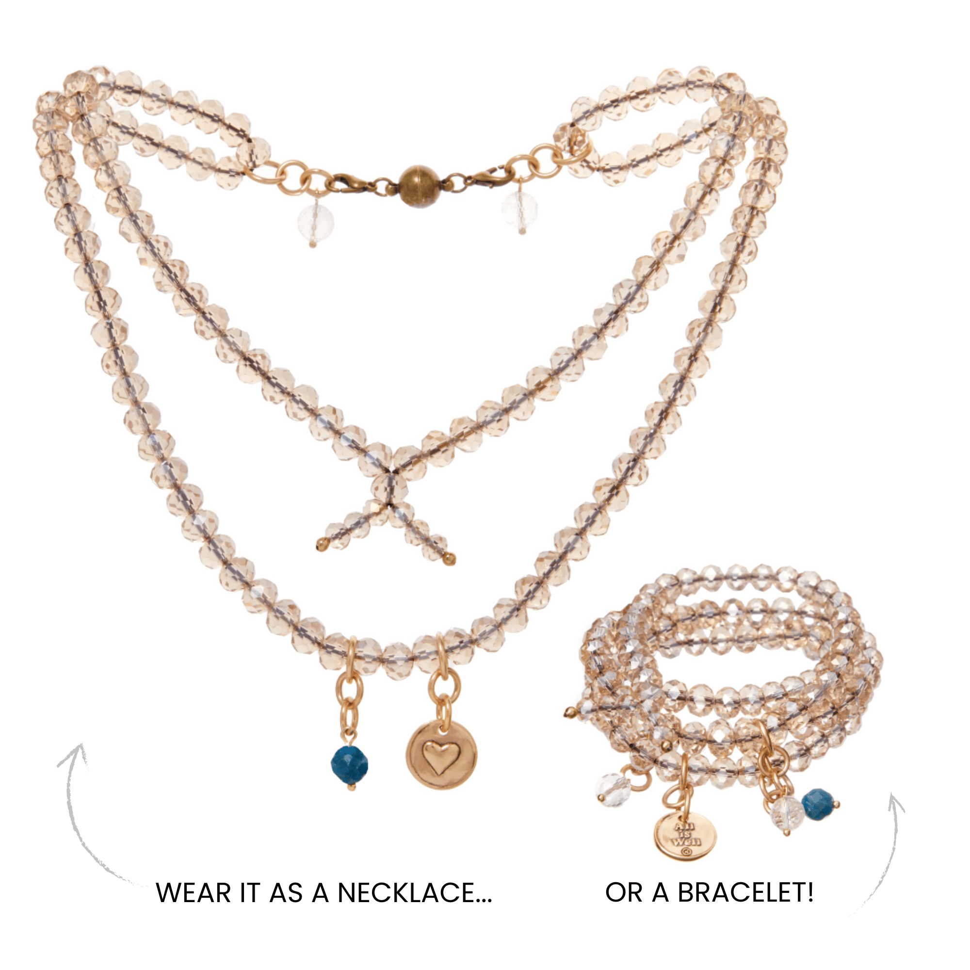 All is Well Heart Crystal Boho Wrap Bracelet/Necklace