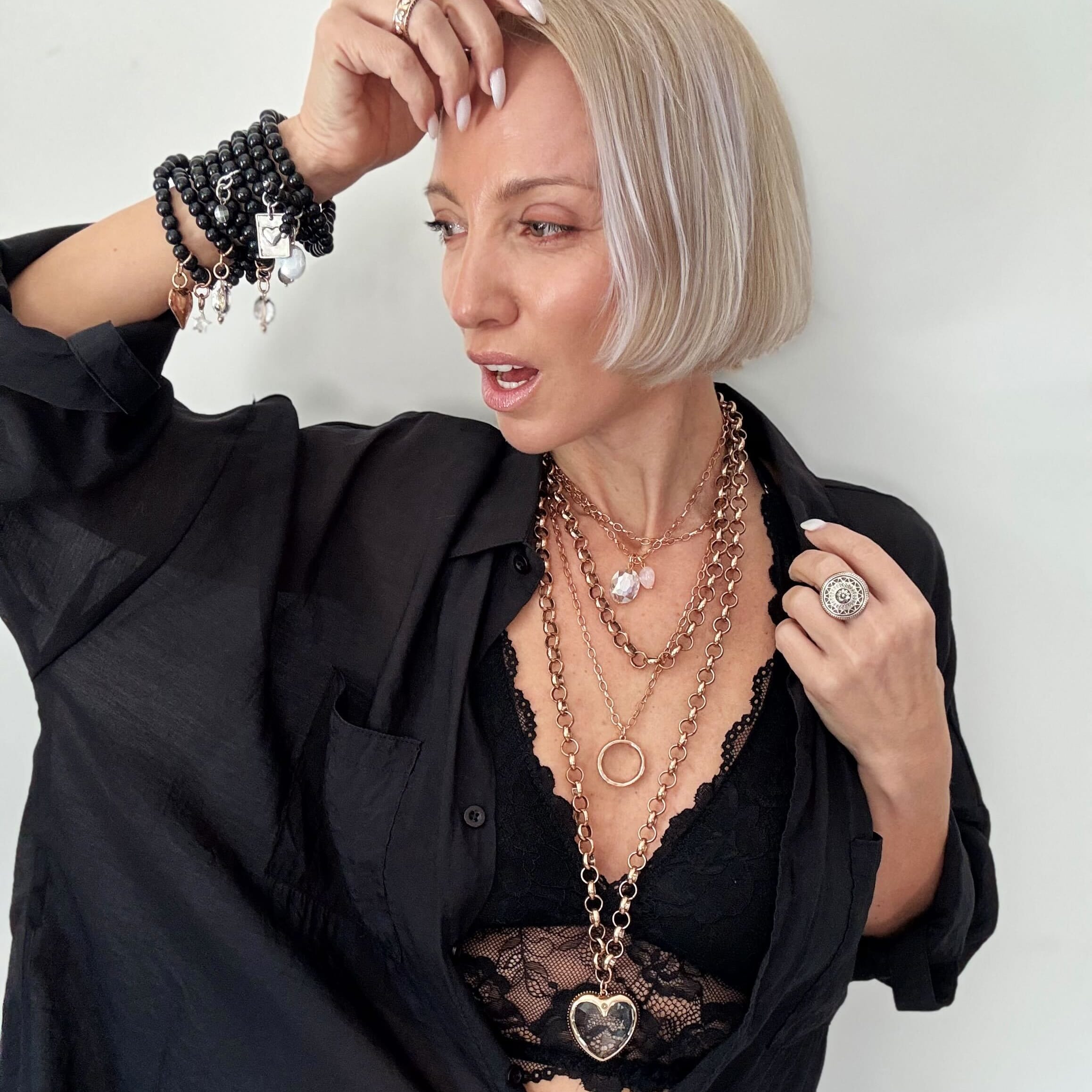 Crystal Heart Chunky Chain Layering Necklace